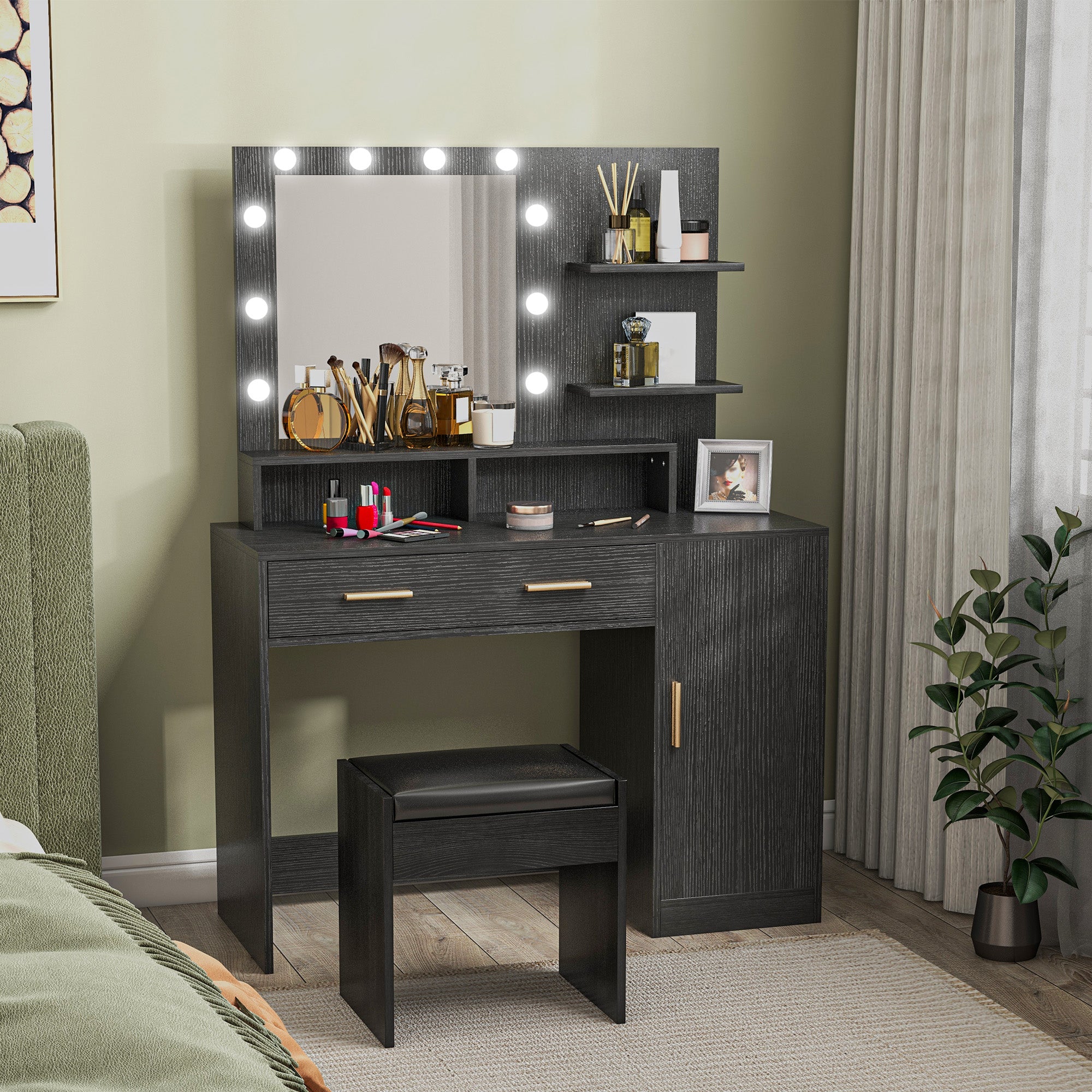 HOMCOM Vanity Desk with Mirror and Lights, Makeup Vanity Set with 10 LED Bulbs, Dressing Table with Stool, Drawer, Cabinet and 3 Open Shelves for Bedroom, Black