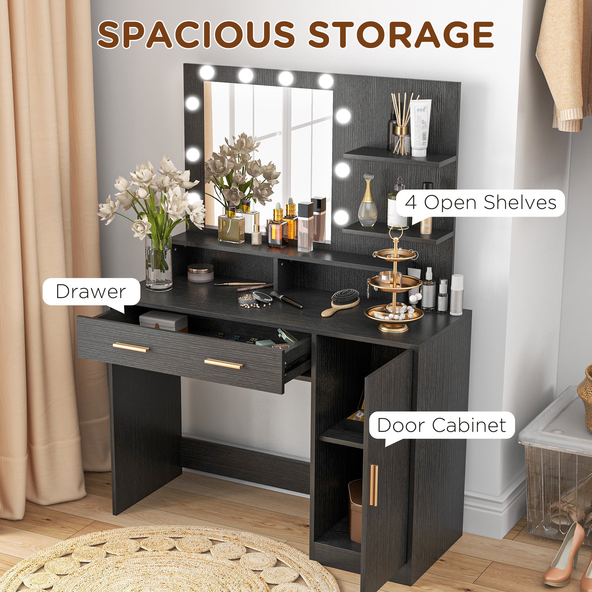 HOMCOM Vanity Desk with Mirror and Lights, Makeup Vanity Set with 10 LED Bulbs, Dressing Table with Stool, Drawer, Cabinet and 3 Open Shelves for Bedroom, Black