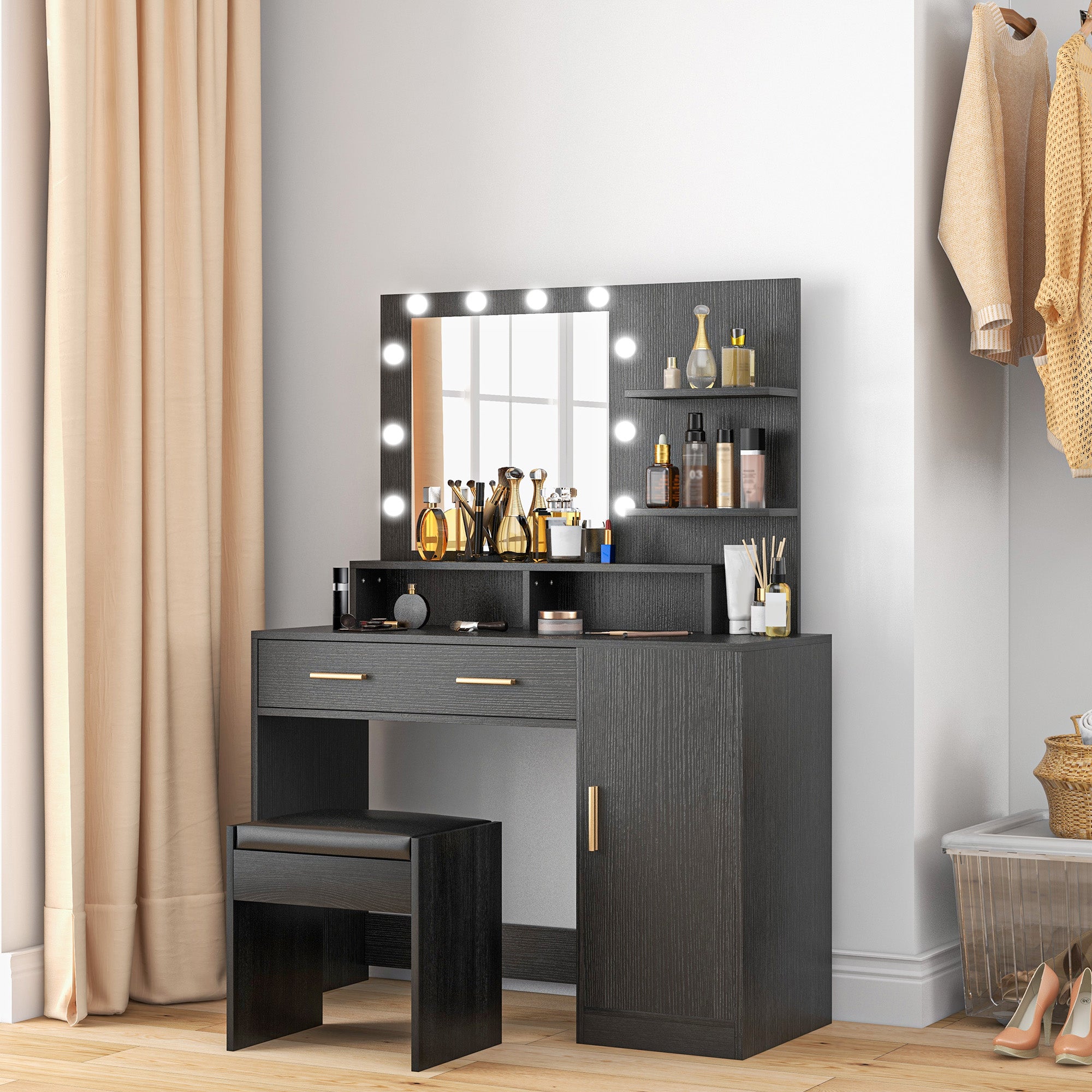 HOMCOM Vanity Desk with Mirror and Lights, Makeup Vanity Set with 10 LED Bulbs, Dressing Table with Stool, Drawer, Cabinet and 3 Open Shelves for Bedroom, Black