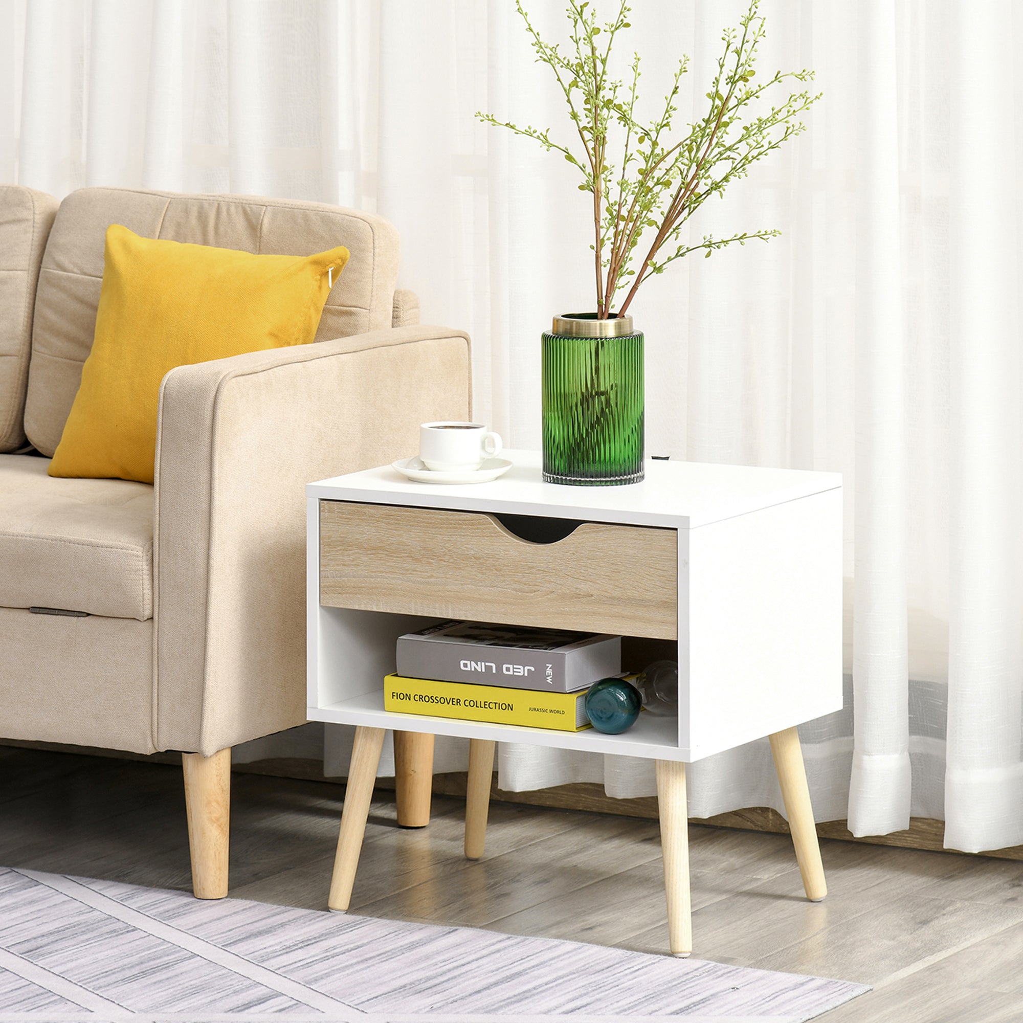 HOMCOM Bedside Table with Drawer and Shelf, Modern Nightstand, End Table for Bedroom, Living Room, White