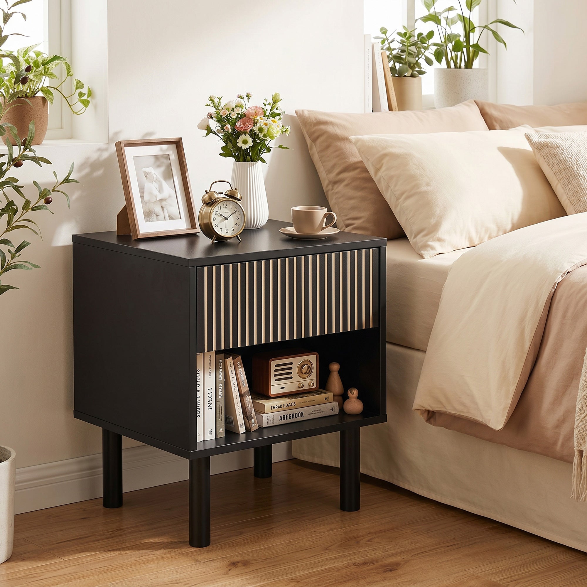 Modern Nightstand, Bedside Table with Drawer and Open Shelf, Side End Table for Bedroom, Black