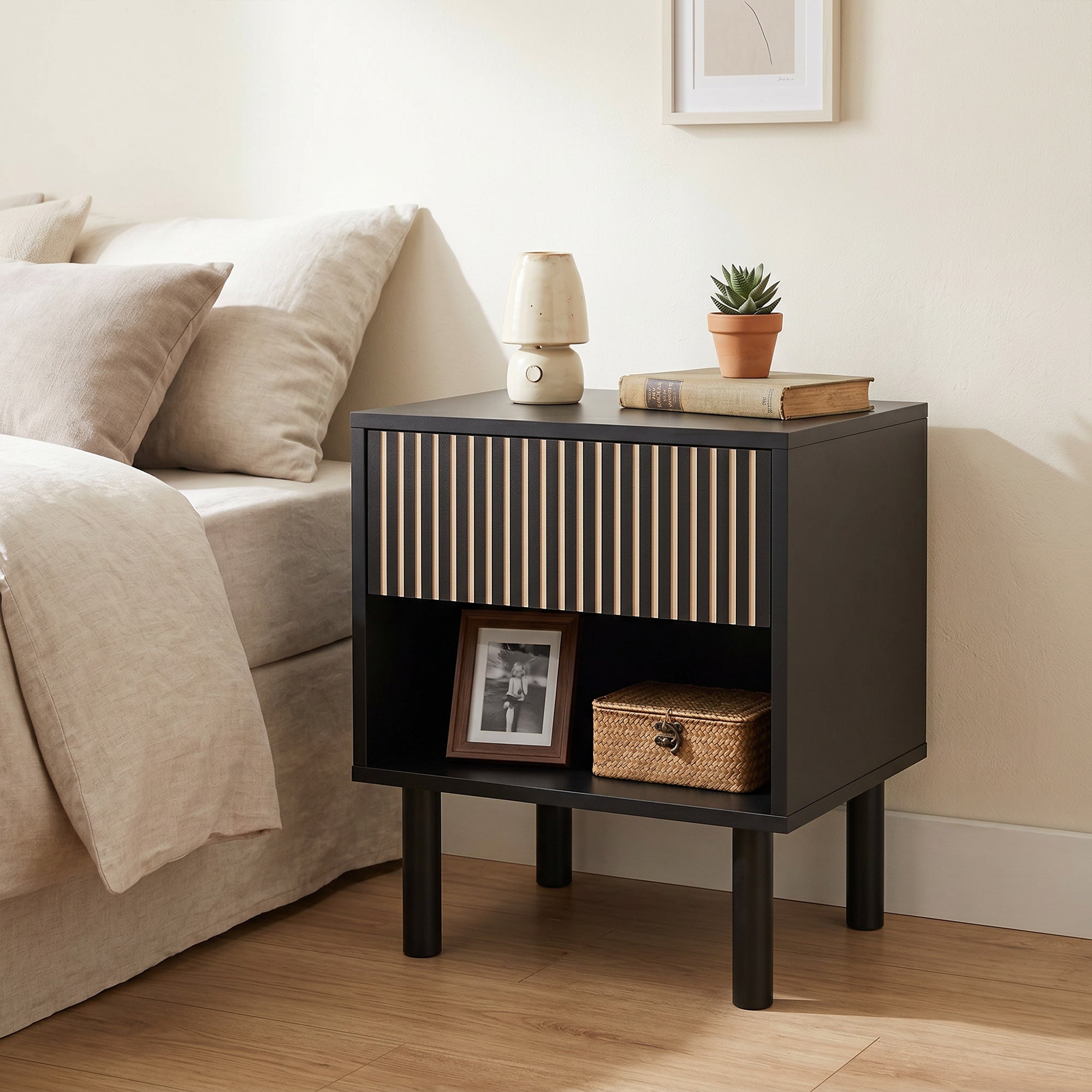 Modern Nightstand, Bedside Table with Drawer and Open Shelf, Side End Table for Bedroom, Black