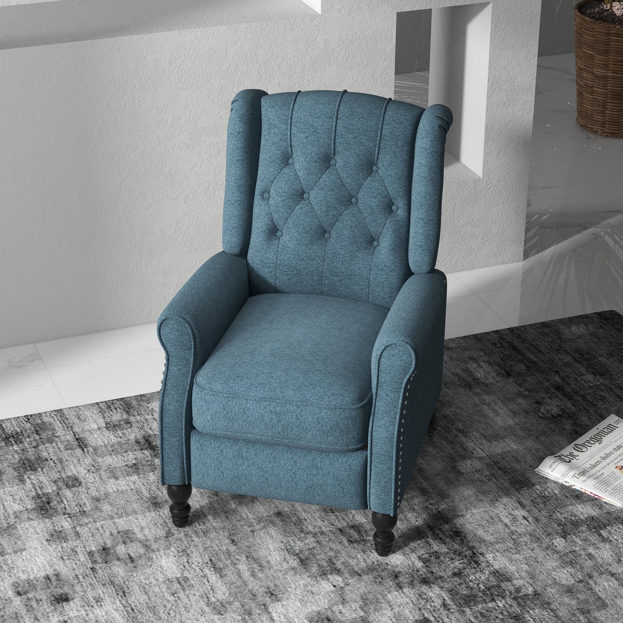 HOMCOM Fabric Recliner Chair for Living Room, Push Back Reclining Chair with Wingback, Button Tufted, Nail Head Trim, Footrest, Blue