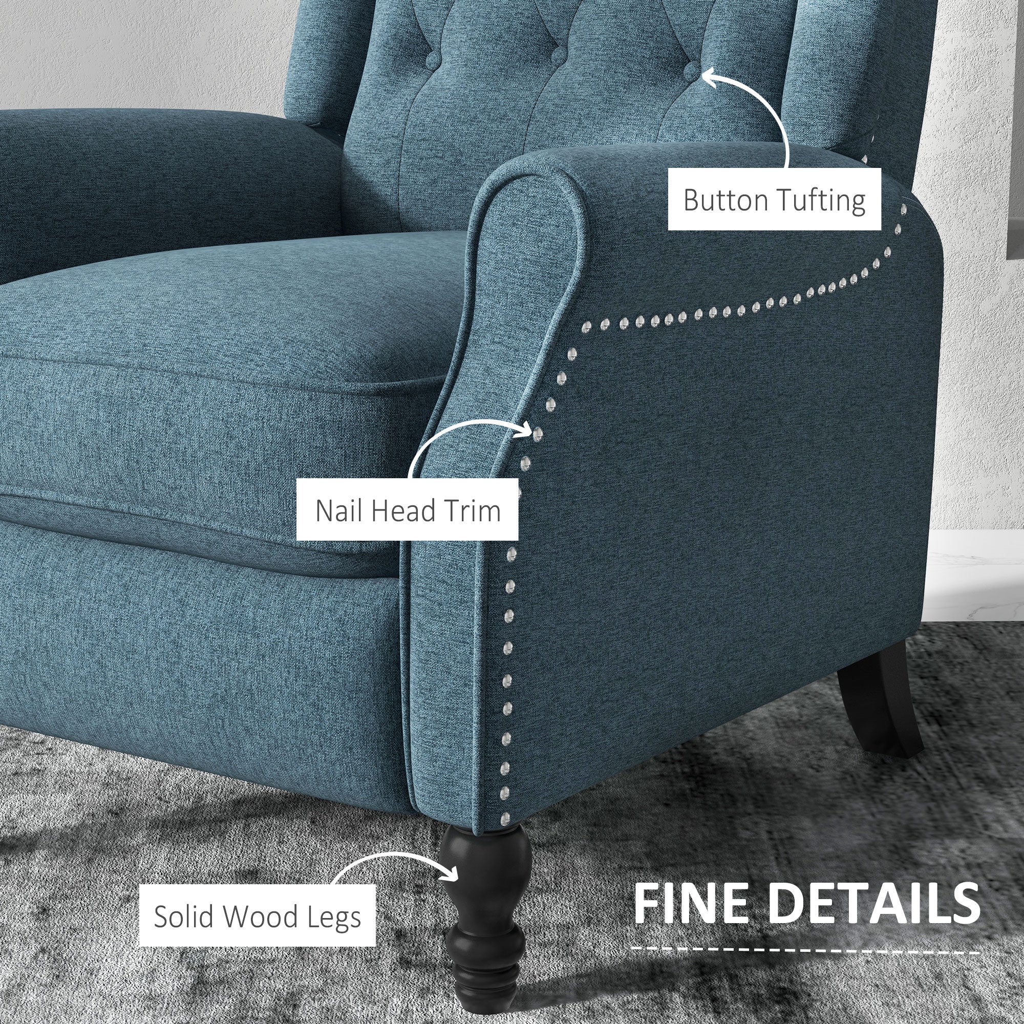 HOMCOM Fabric Recliner Chair for Living Room, Push Back Reclining Chair with Wingback, Button Tufted, Nail Head Trim, Footrest, Blue