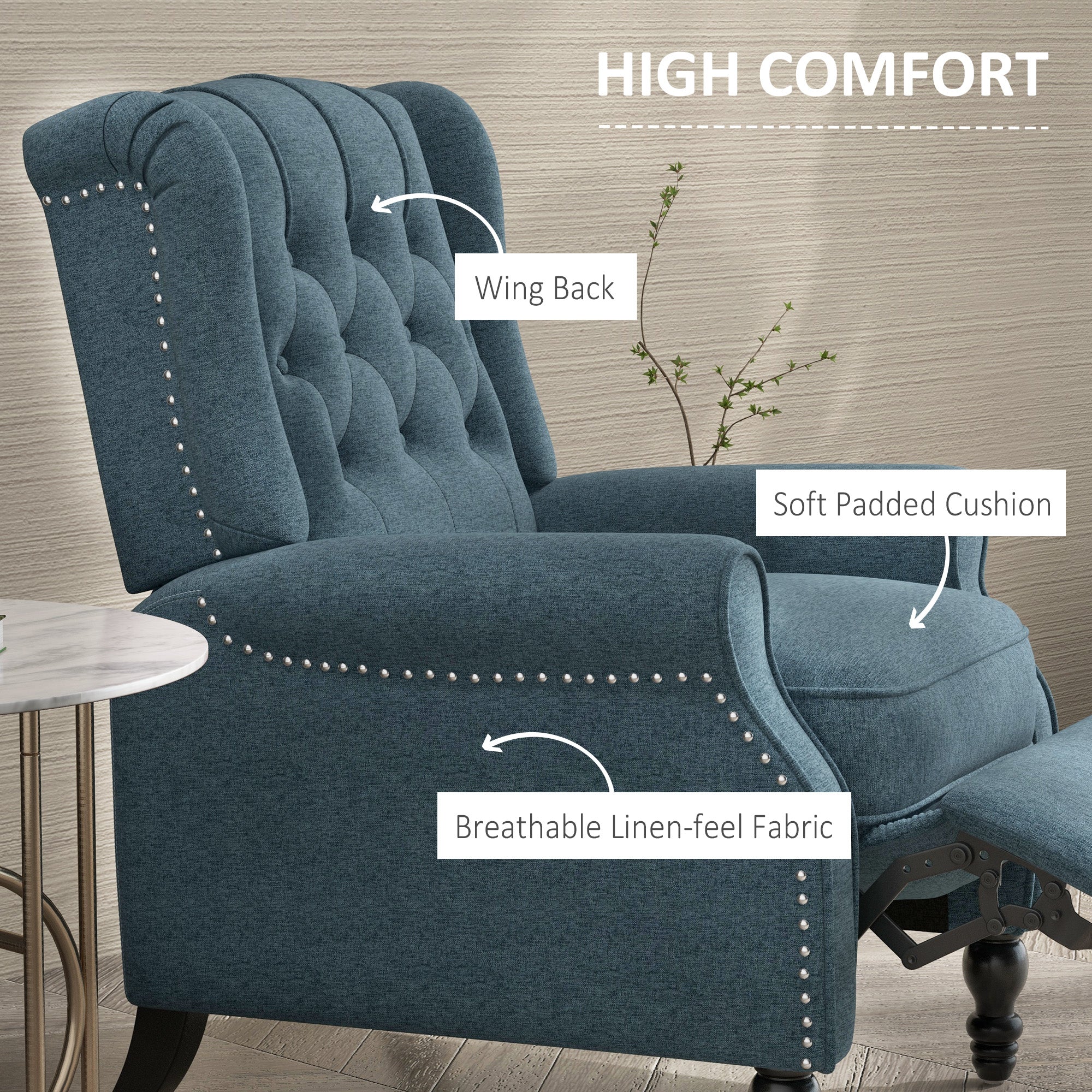 HOMCOM Fabric Recliner Chair for Living Room, Push Back Reclining Chair with Wingback, Button Tufted, Nail Head Trim, Footrest, Blue