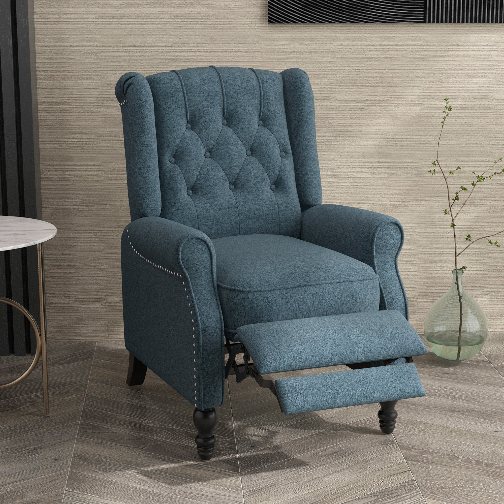 HOMCOM Fabric Recliner Chair for Living Room, Push Back Reclining Chair with Wingback, Button Tufted, Nail Head Trim, Footrest, Blue
