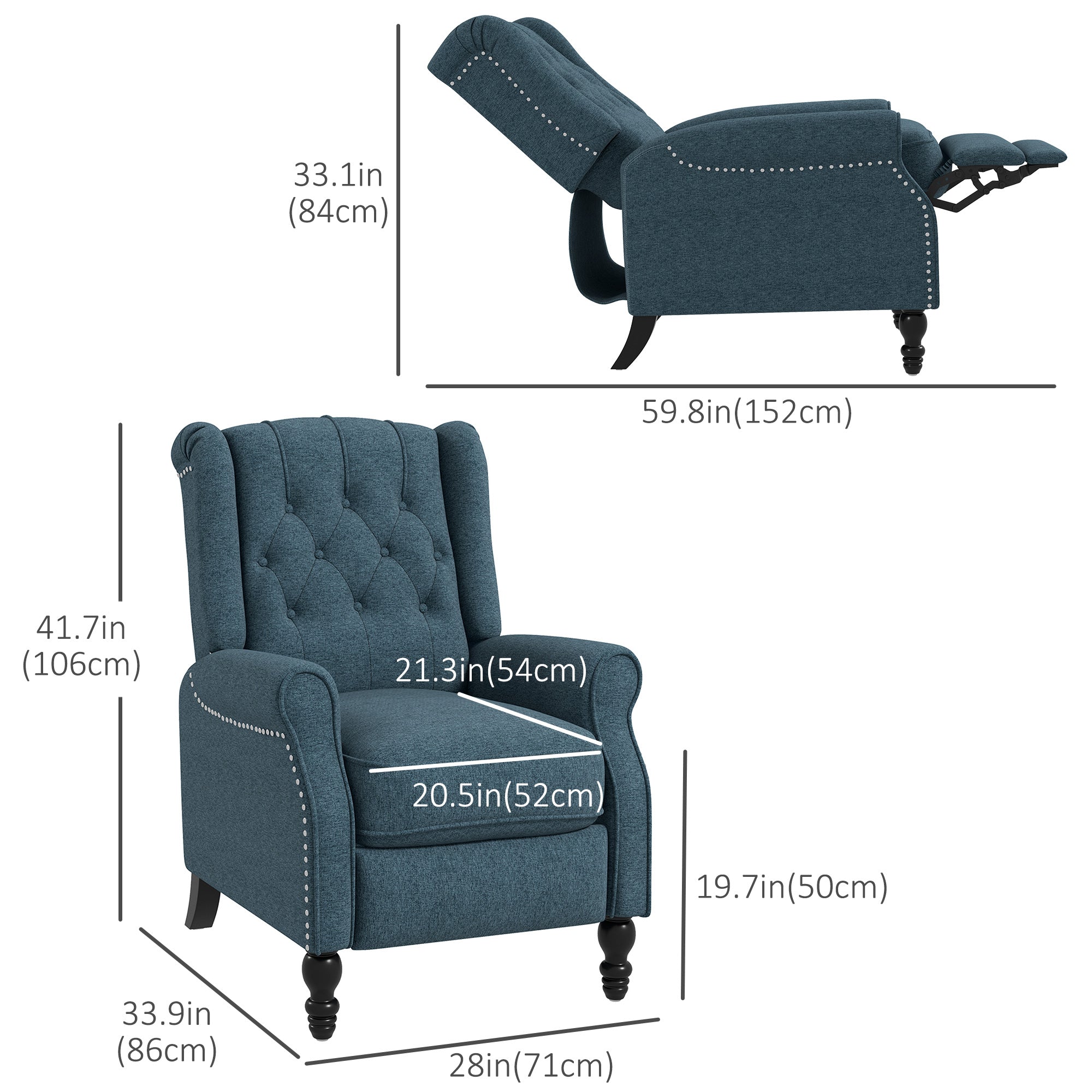 HOMCOM Fabric Recliner Chair for Living Room, Push Back Reclining Chair with Wingback, Button Tufted, Nail Head Trim, Footrest, Blue