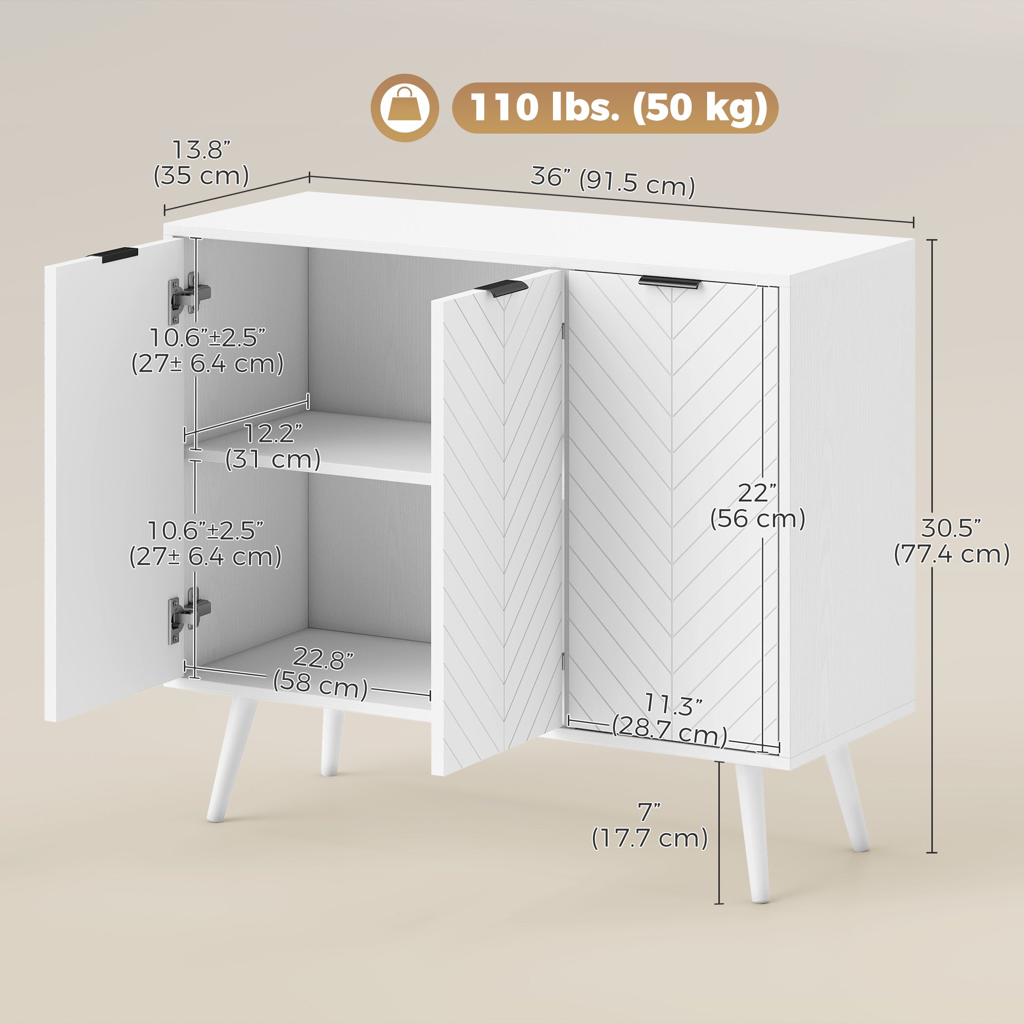 Modern Sideboard Buffet Cabinet, 36" Kitchen Storage Cabinet with 3 Doors and 2 Adjustable Shelves, Coffee Bar Station, White
