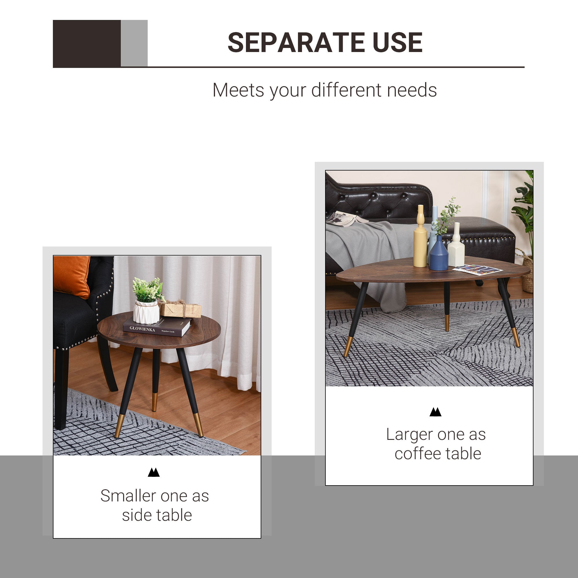 HOMCOM Coffee Table Set of 2, Nesting Coffee End Tables with Modern Decor, Side Table Triangle Occasional Stand Tea Table for Living Room Home and Office, Walnut