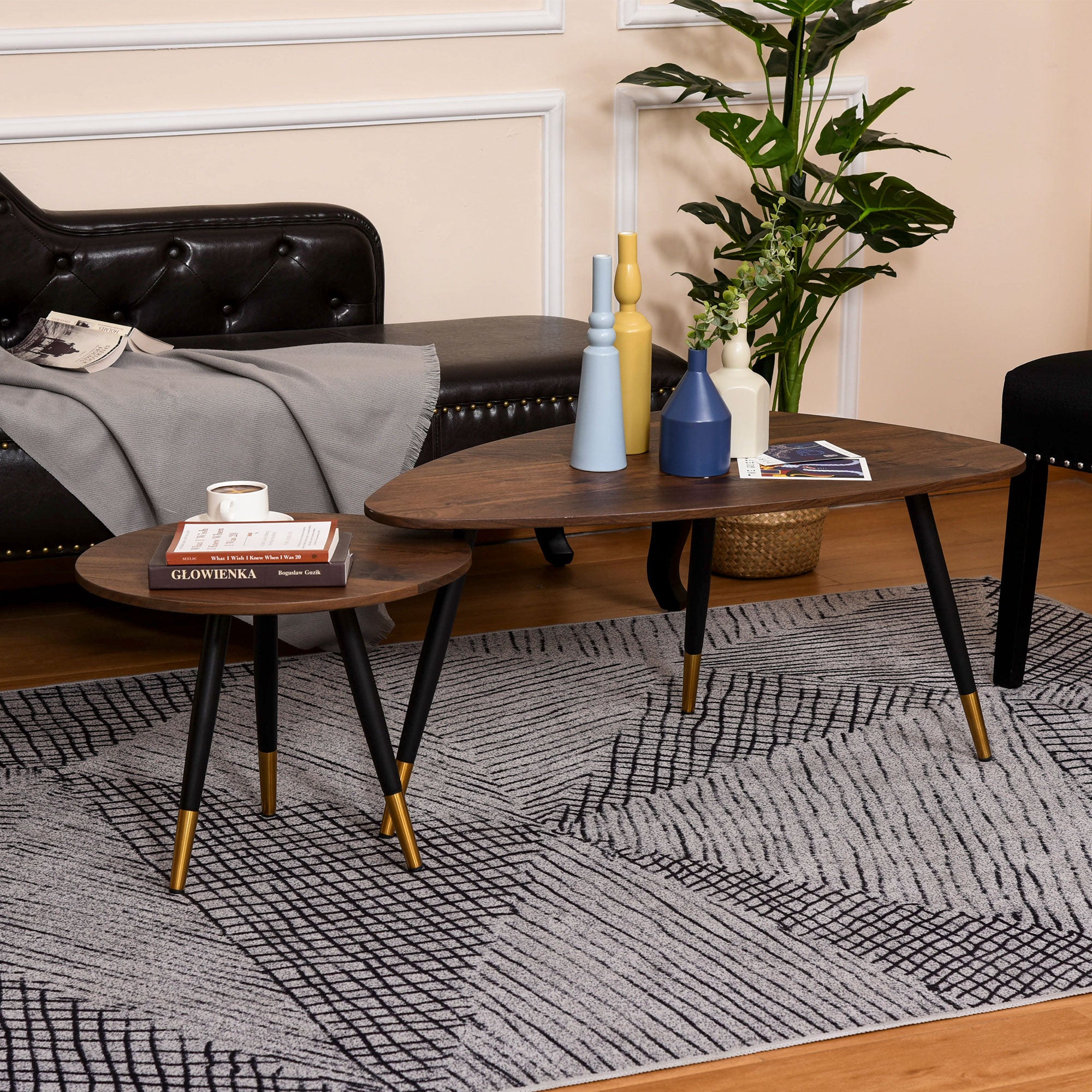 HOMCOM Coffee Table Set of 2, Nesting Coffee End Tables with Modern Decor, Side Table Triangle Occasional Stand Tea Table for Living Room Home and Office, Walnut