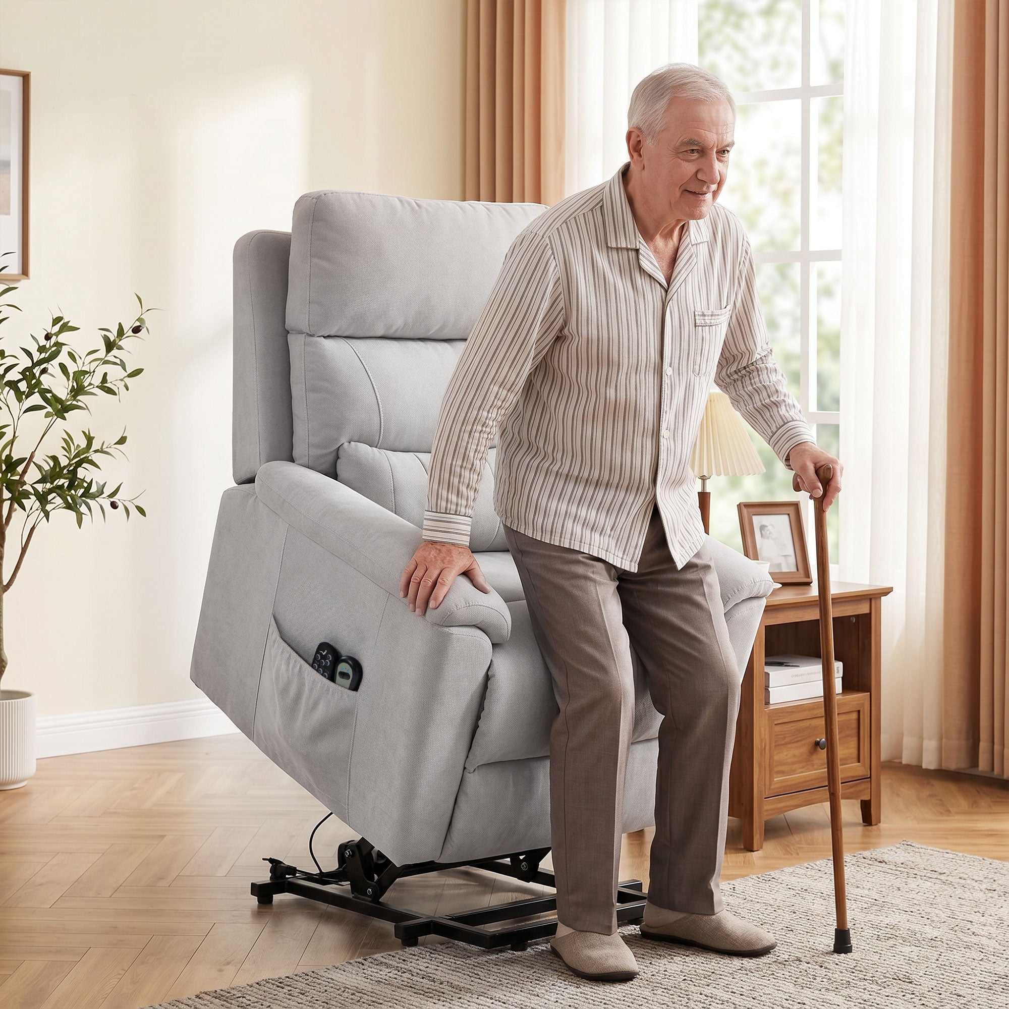 Power Lift Recliner Chair with Vibration Massage and Heat, Terry Cloth Electric Lift Chair for Elderly with Spring Cushion, High Back, Remote, Recliner Armchair for Living Room, Light Grey