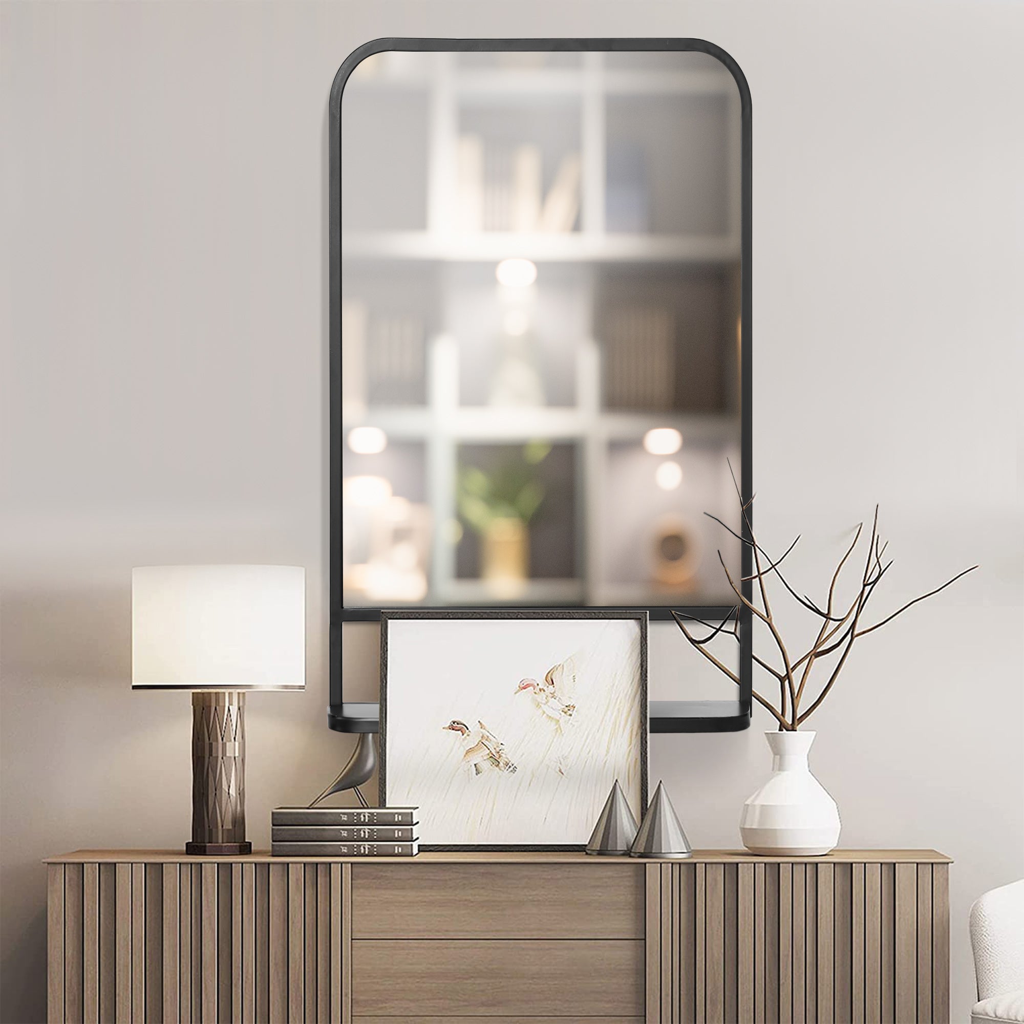 34" x 21" Rectangle Modern Wall Mirror with Storage Shelf for Living Room Bedroom Black