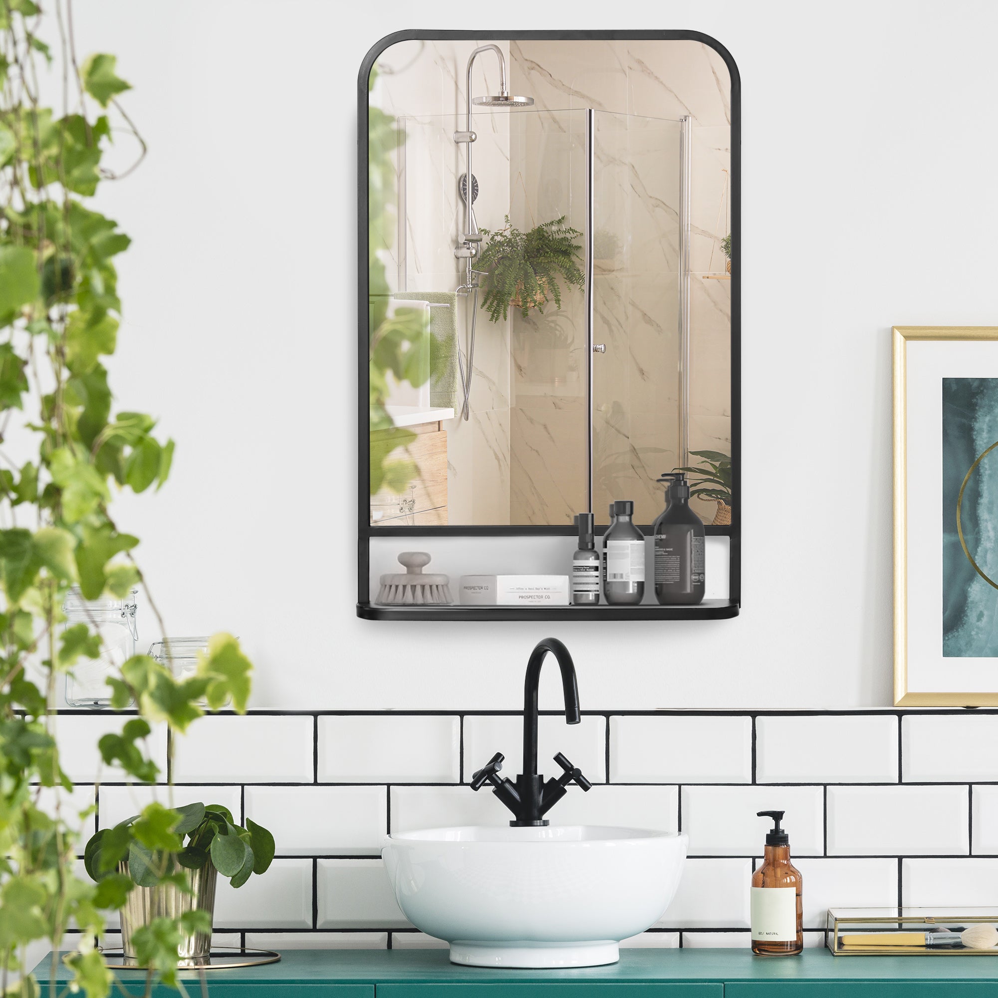 34" x 21" Rectangle Modern Wall Mirror with Storage Shelf for Living Room Bedroom Black