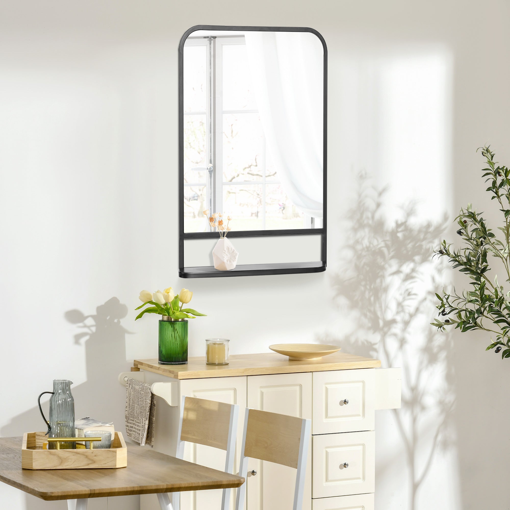 34" x 21" Rectangle Modern Wall Mirror with Storage Shelf for Living Room Bedroom Black