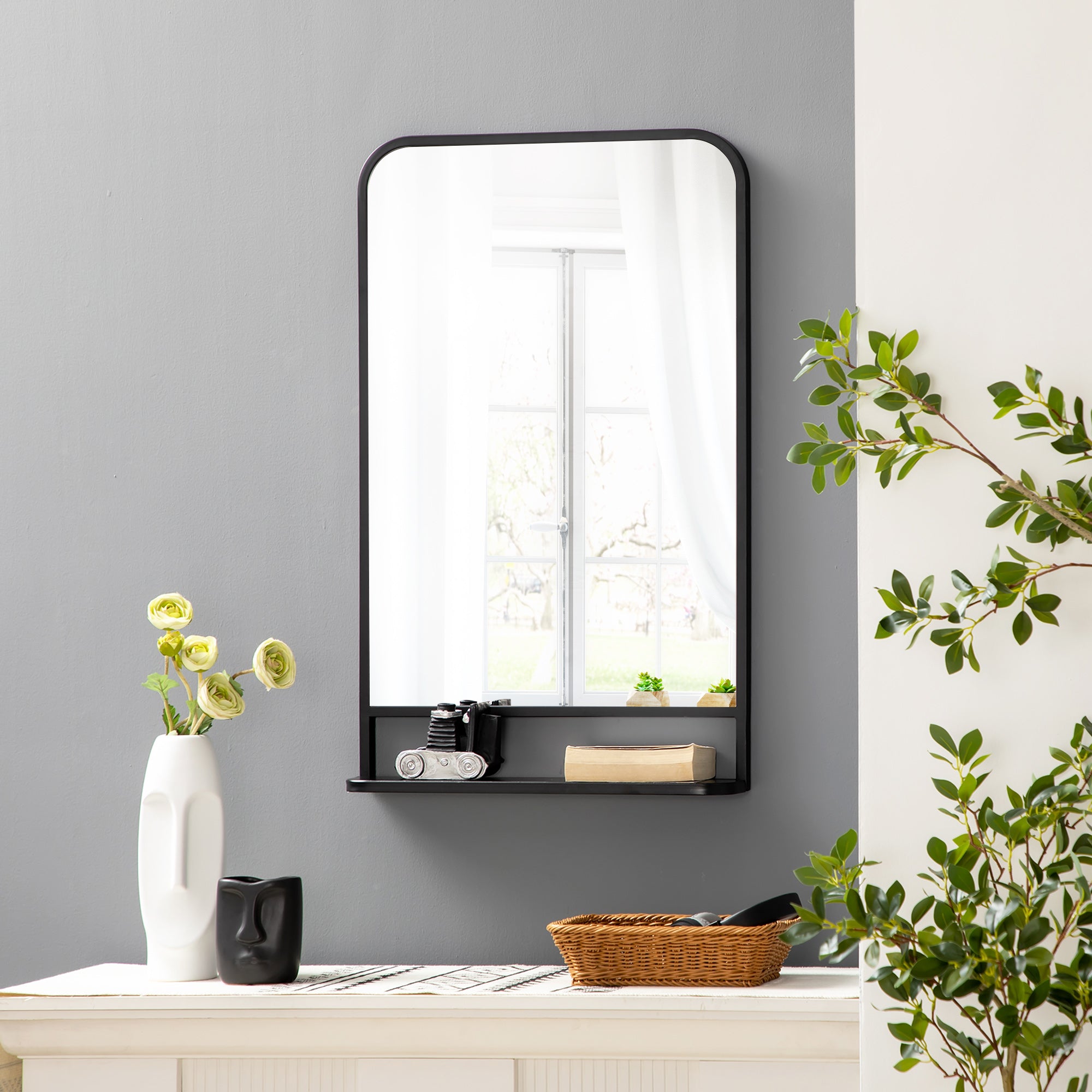 34" x 21" Rectangle Modern Wall Mirror with Storage Shelf for Living Room Bedroom Black