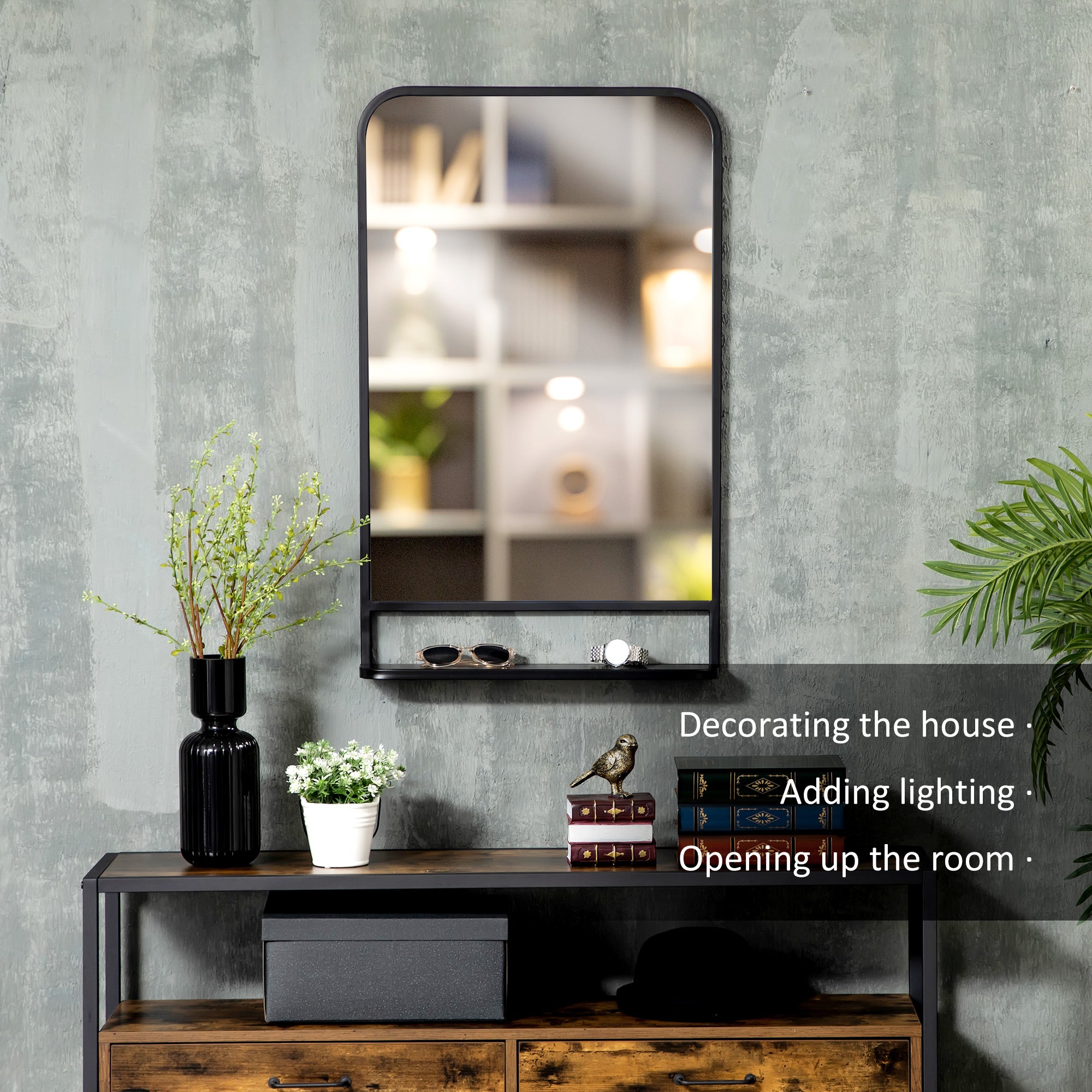 34" x 21" Rectangle Modern Wall Mirror with Storage Shelf for Living Room Bedroom Black