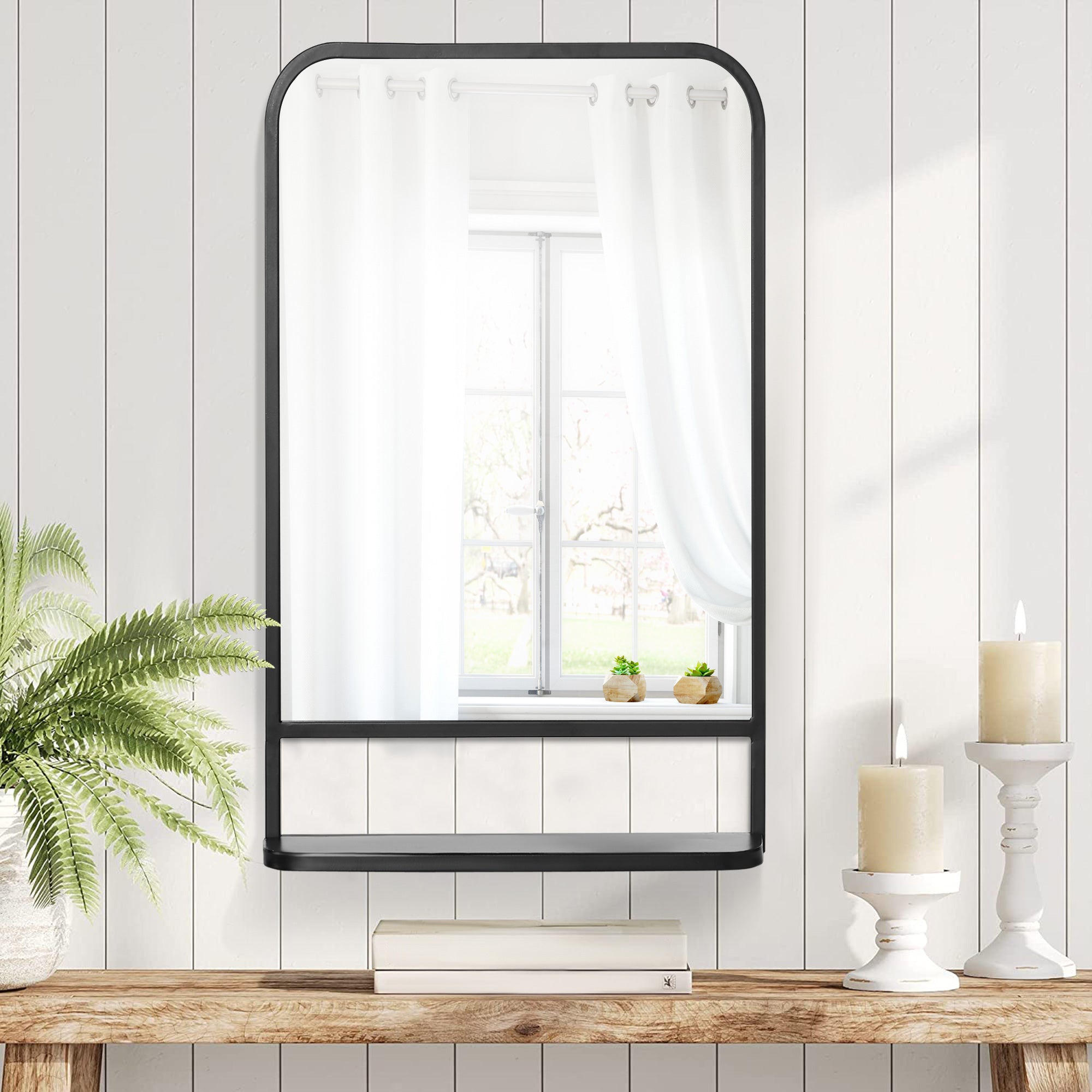 34" x 21" Rectangle Modern Wall Mirror with Storage Shelf for Living Room Bedroom Black