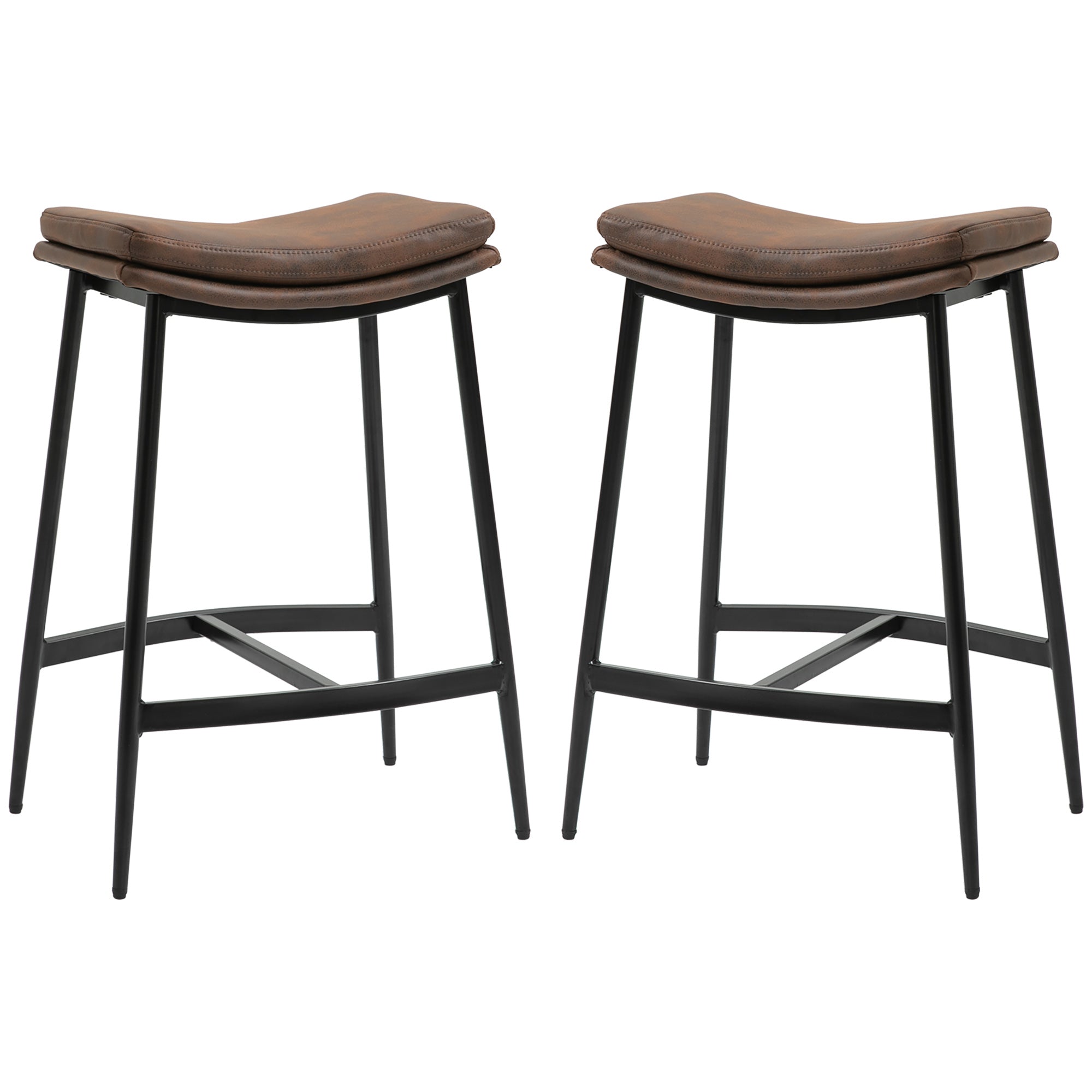 HOMCOM Breakfast Bar Stools Set of 2, Microfibre Upholstered Barstools, Industrial Bar Chairs with Curved Seat and Steel Frame for Dining Room, Kitchen, Brown