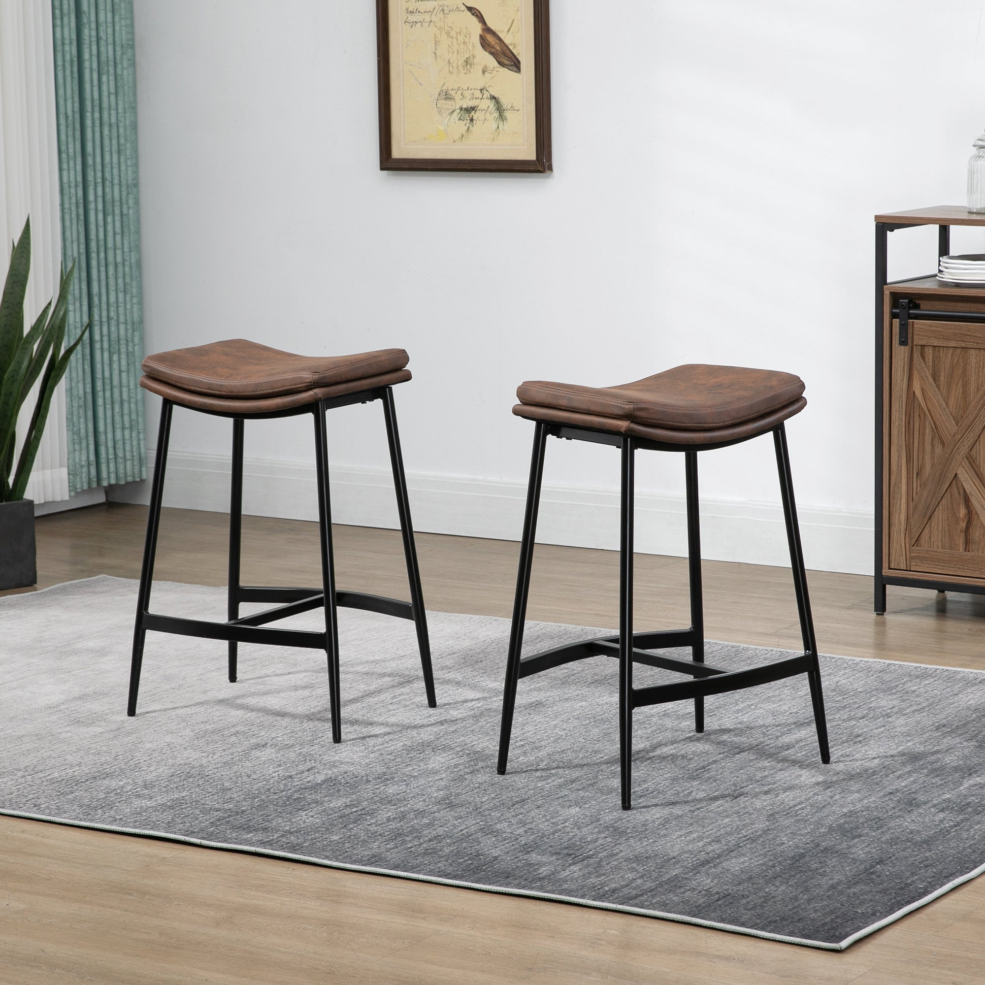 HOMCOM Breakfast Bar Stools Set of 2, Microfibre Upholstered Barstools, Industrial Bar Chairs with Curved Seat and Steel Frame for Dining Room, Kitchen, Brown