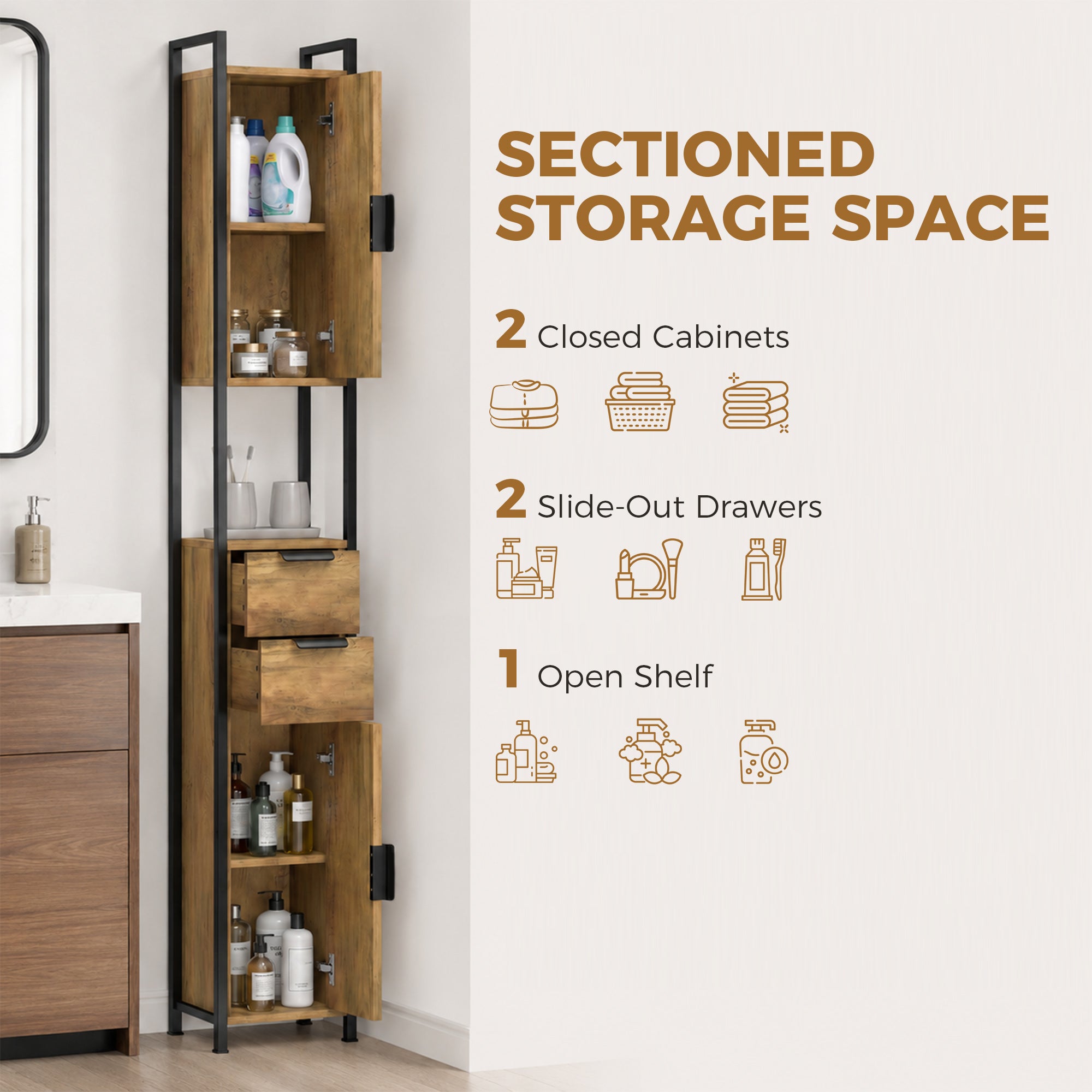 Tall Bathroom Storage Cabinet, Freestanding Bathroom Cabinet with Drawers and Adjustable Shelves, Linen Storage for Study, Bedroom, Brown