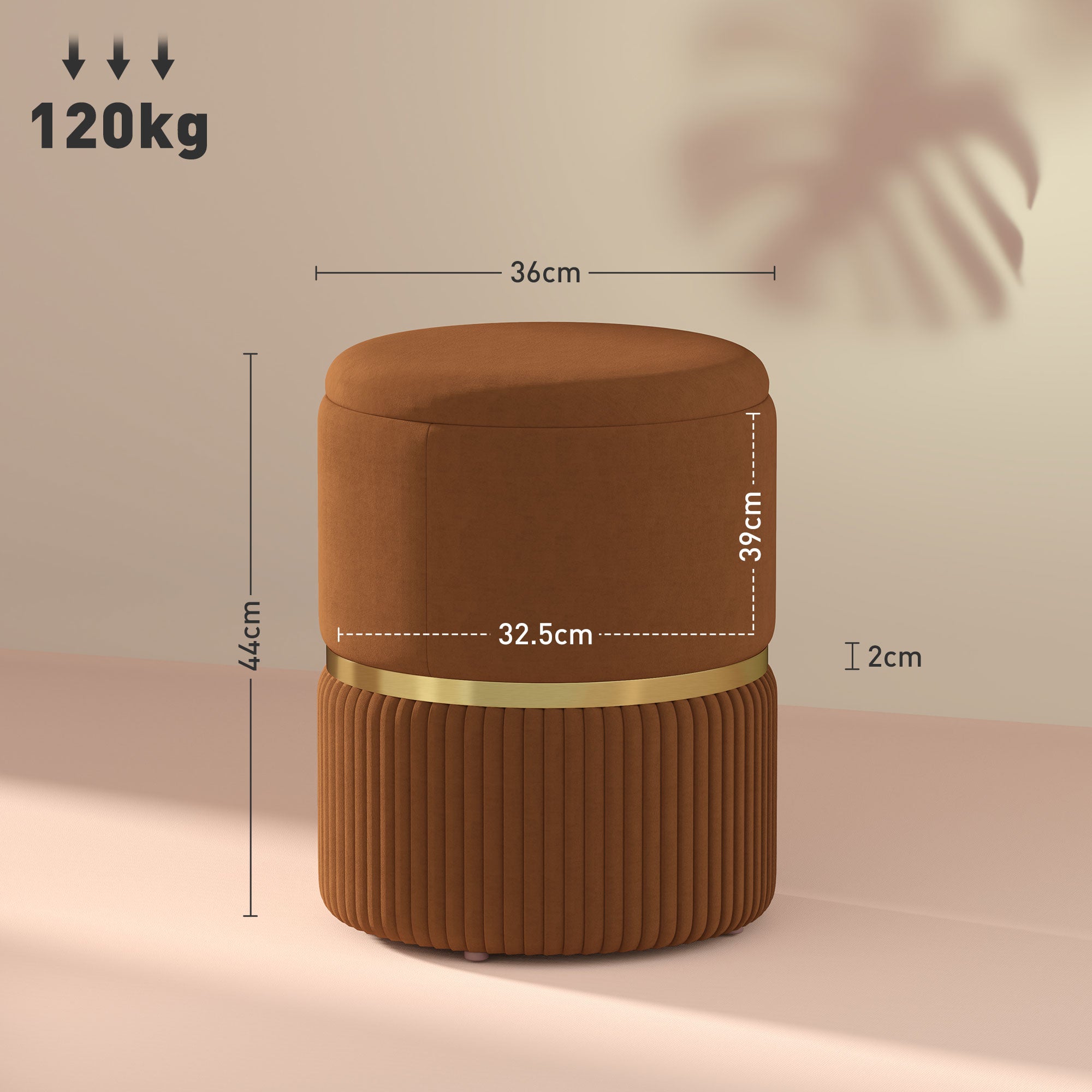 HOMCOM Round Pouffe, Velvet-feel Fabric Upholstered Storage Foot Stool with Removable Top, Padded Seat and Hidden Space for Living Room, Light Brown