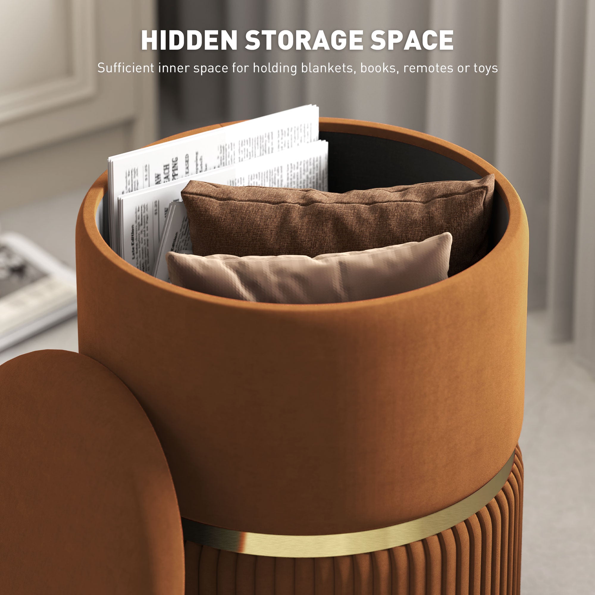 HOMCOM Round Pouffe, Velvet-feel Fabric Upholstered Storage Foot Stool with Removable Top, Padded Seat and Hidden Space for Living Room, Light Brown