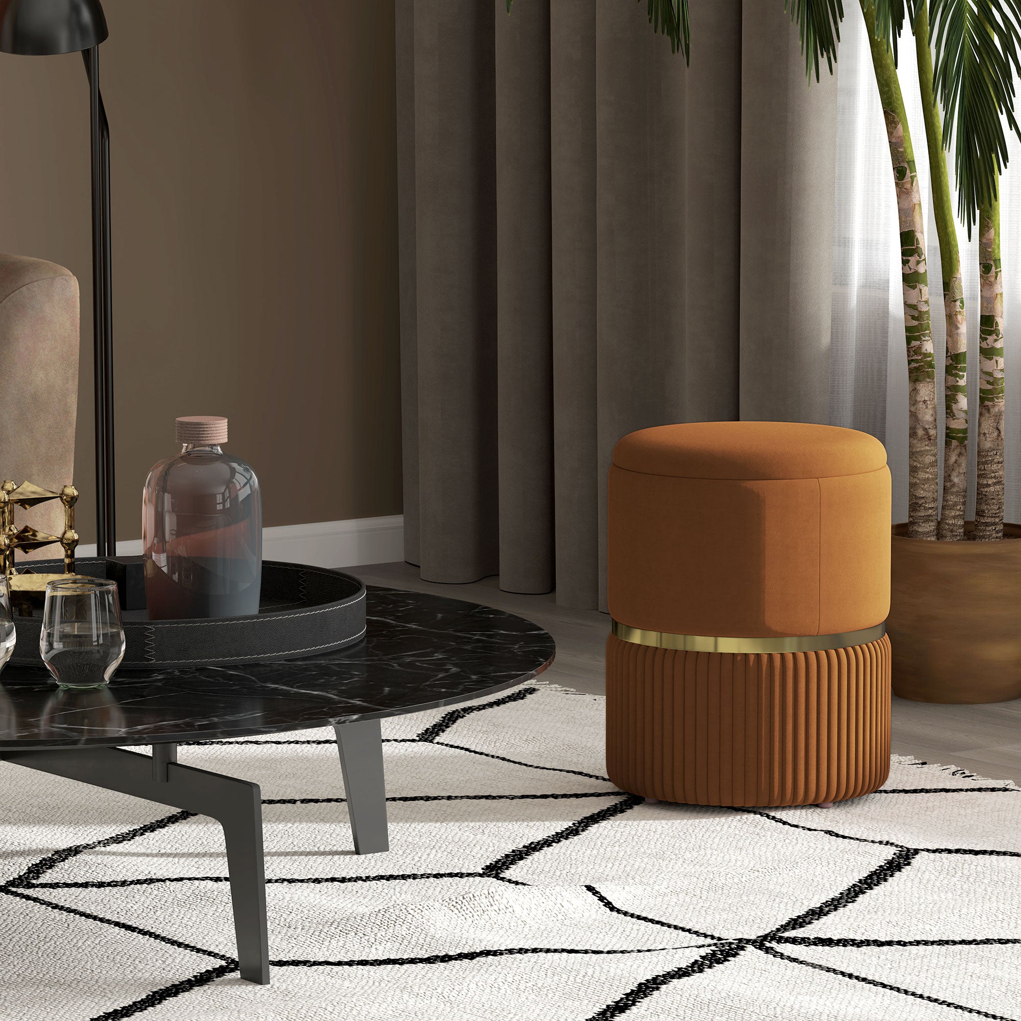 HOMCOM Round Pouffe, Velvet-feel Fabric Upholstered Storage Foot Stool with Removable Top, Padded Seat and Hidden Space for Living Room, Light Brown