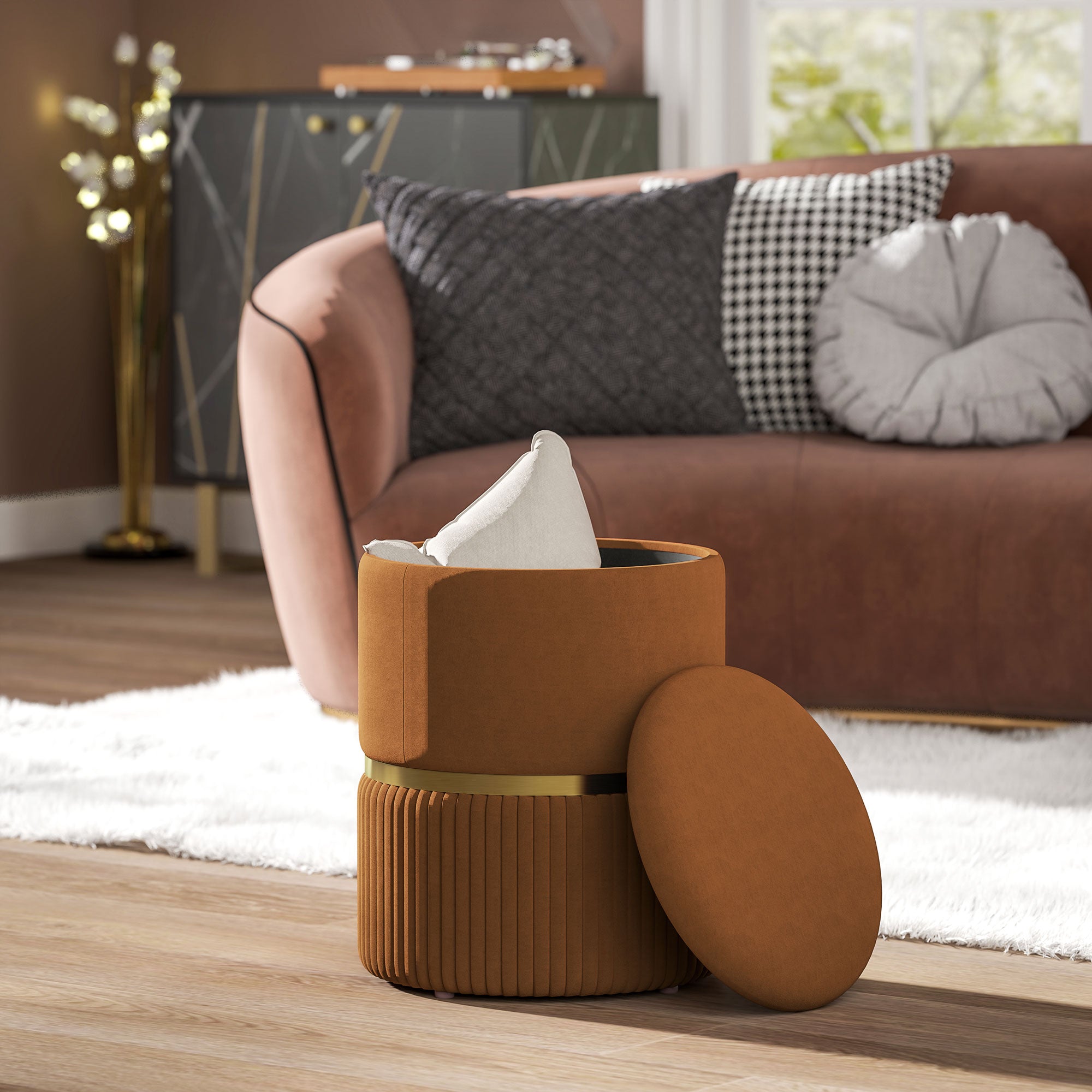 HOMCOM Round Pouffe, Velvet-feel Fabric Upholstered Storage Foot Stool with Removable Top, Padded Seat and Hidden Space for Living Room, Light Brown