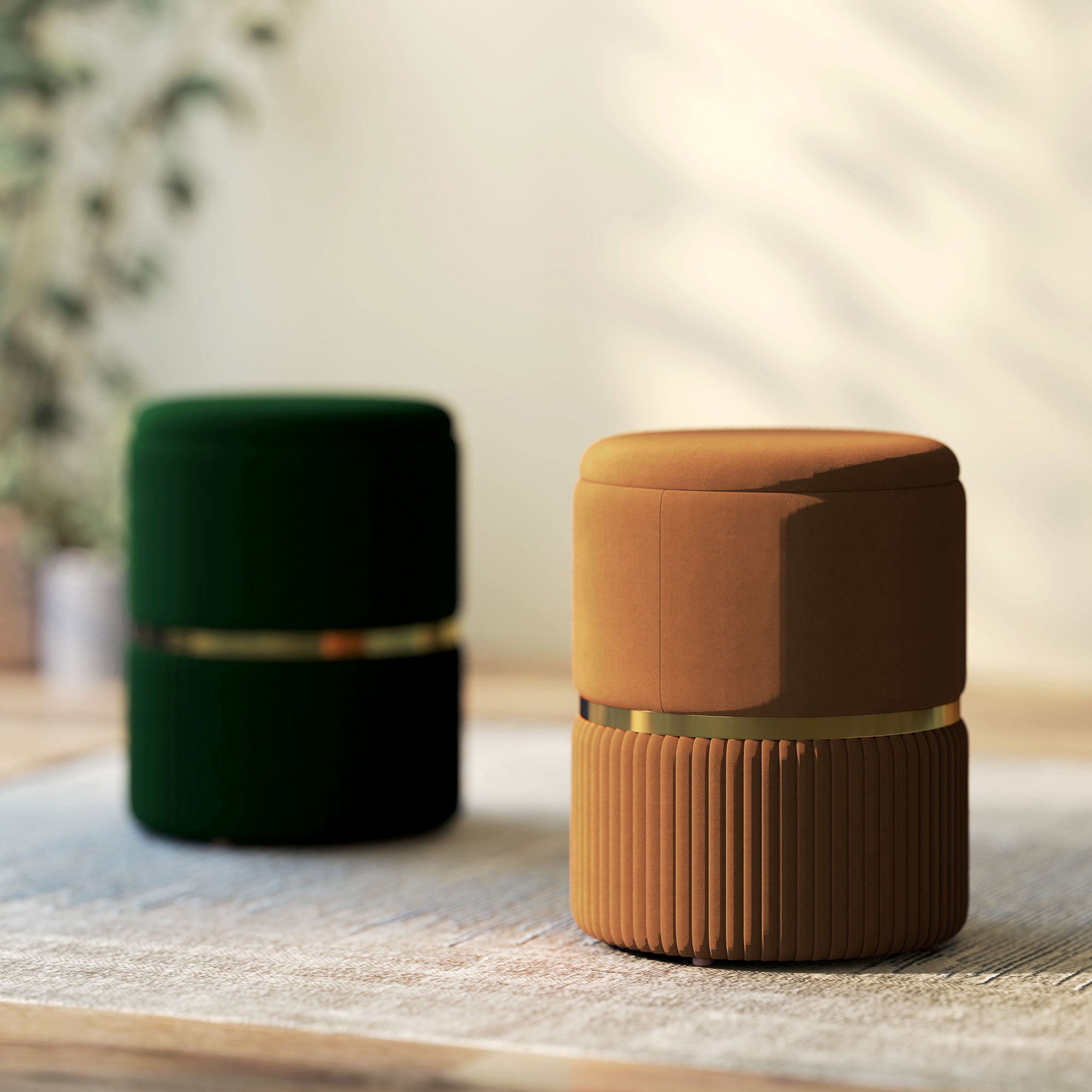 HOMCOM Round Pouffe, Velvet-feel Fabric Upholstered Storage Foot Stool with Removable Top, Padded Seat and Hidden Space for Living Room, Light Brown