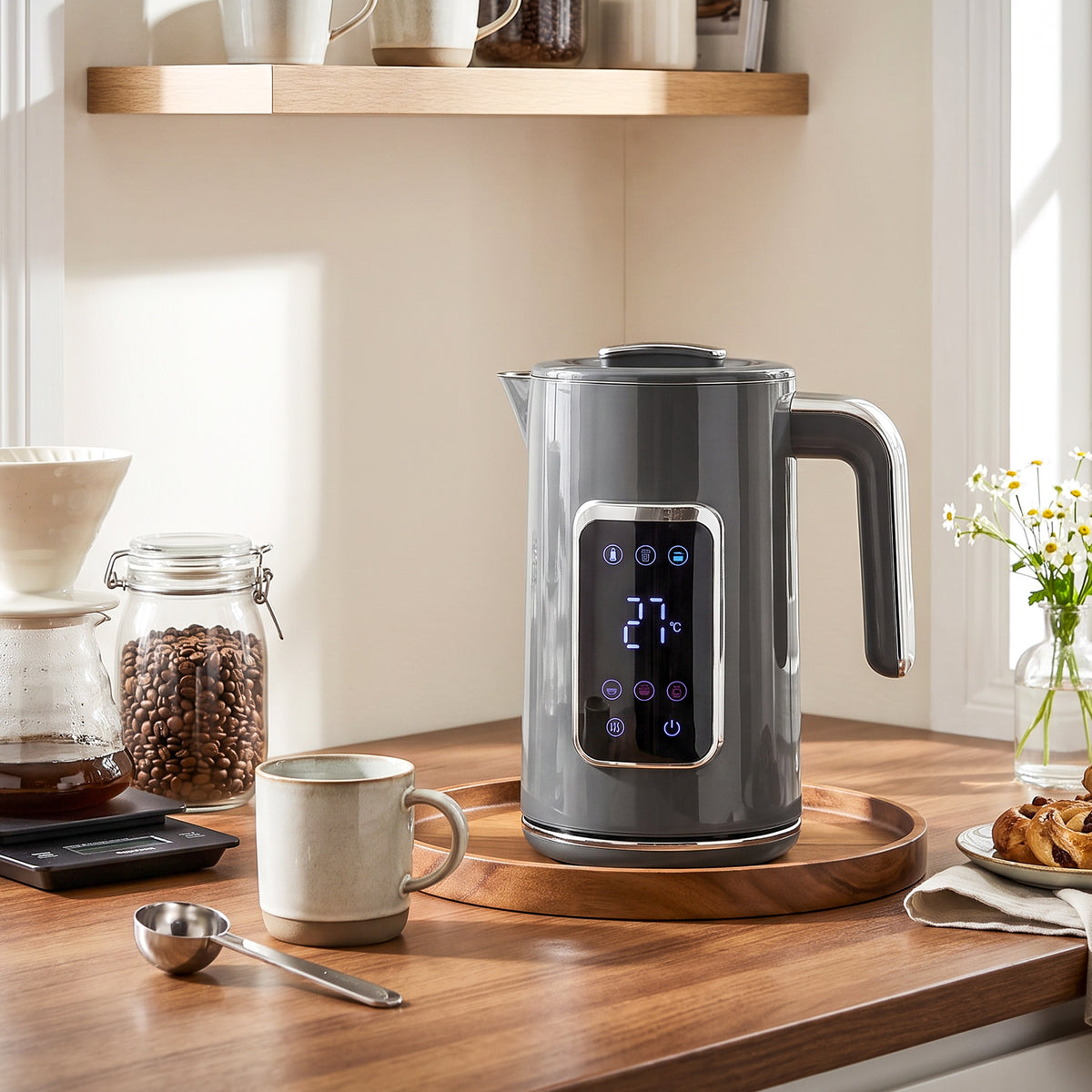 Electric Kettle, 1.7L Fast Boil 3000W Water Kettle with LED Display, Adjustable Temperature, Keep Warm Function, Auto Shut-off Boil-Dry Protection, Double-Wall, Grey