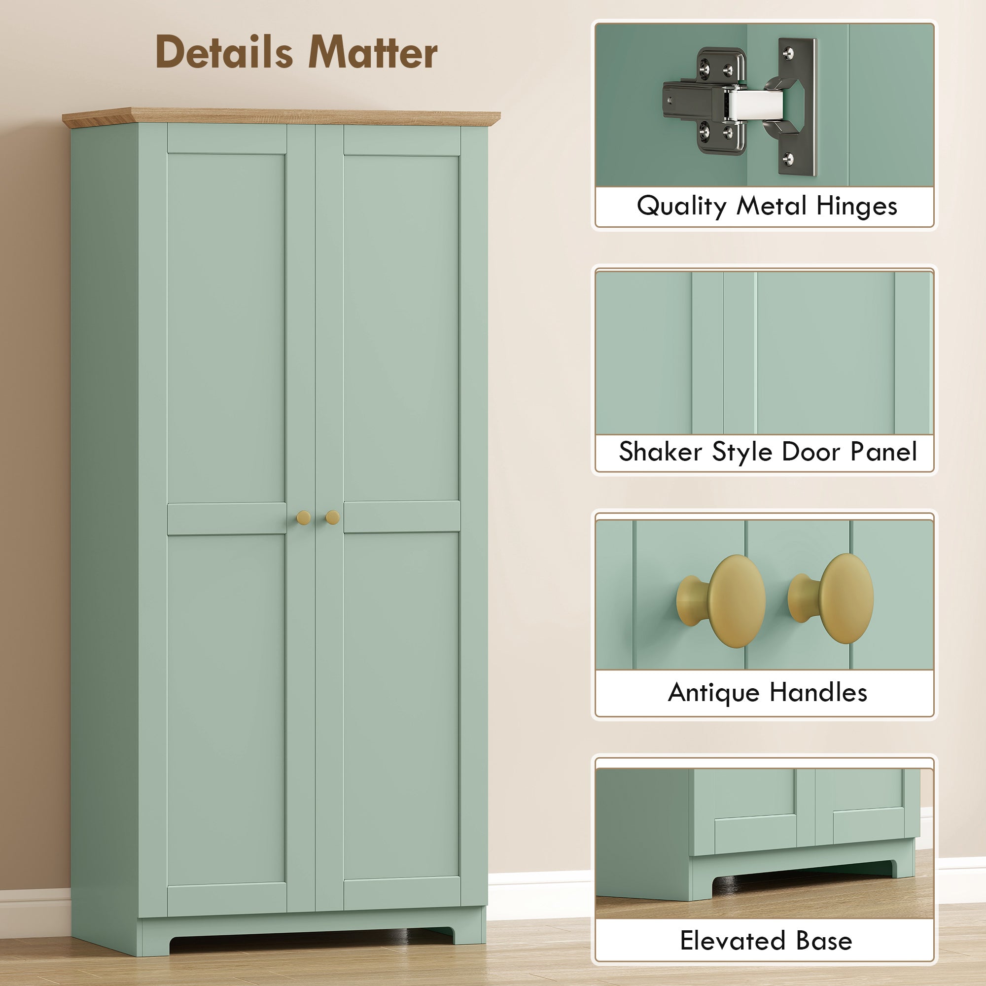 172cm Kitchen Cupboard, Freestanding Storage Cabinet with Doors and Shelves, Modern 2-Door Kitchen Pantry Cupboard for Dining Room, Light Green