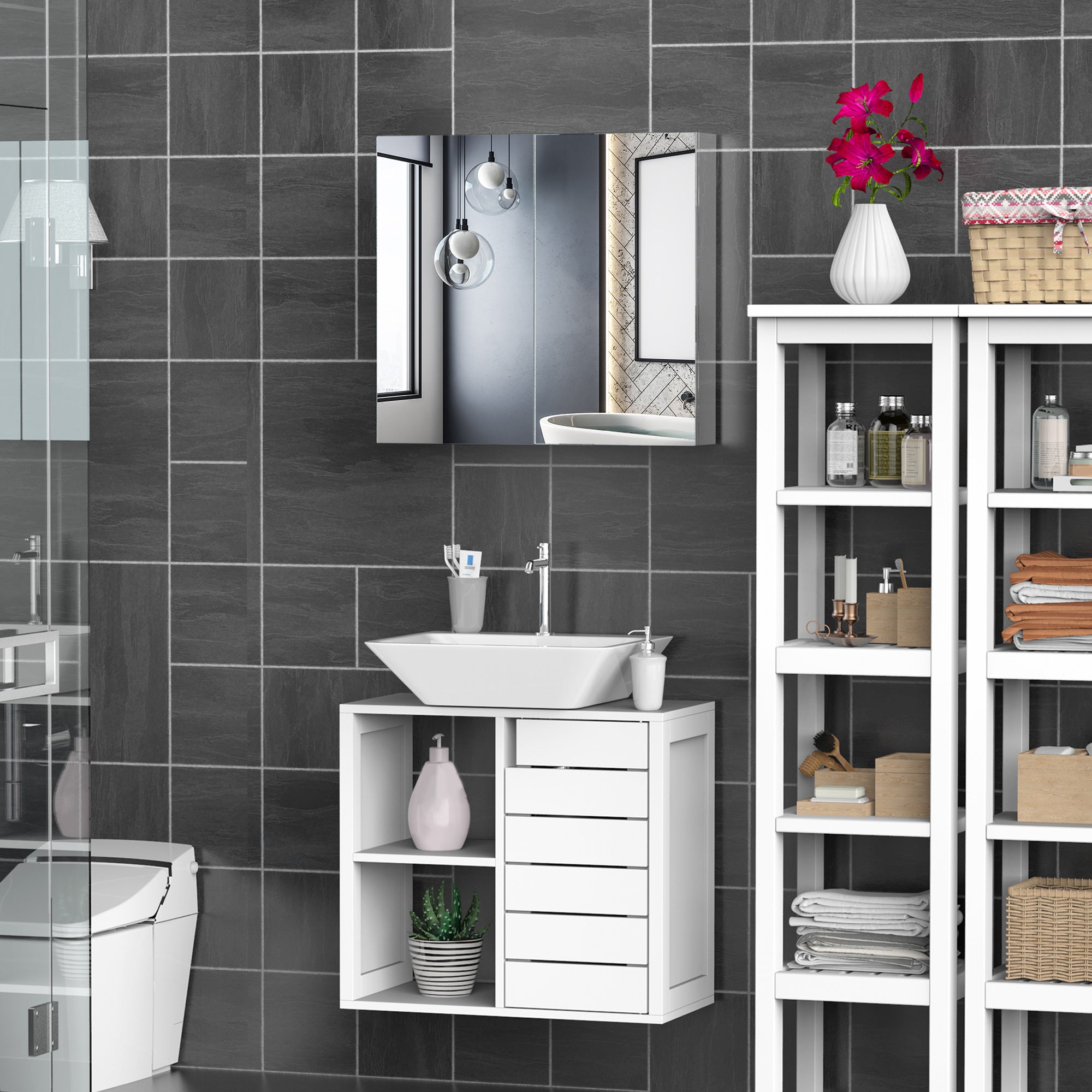 kleankin Bathroom Mirror Cabinet, 24" x 22" Stainless Steel Medicine Cabinet, Wall-Mounted Bathroom Cabinet with Double Doors, Silver