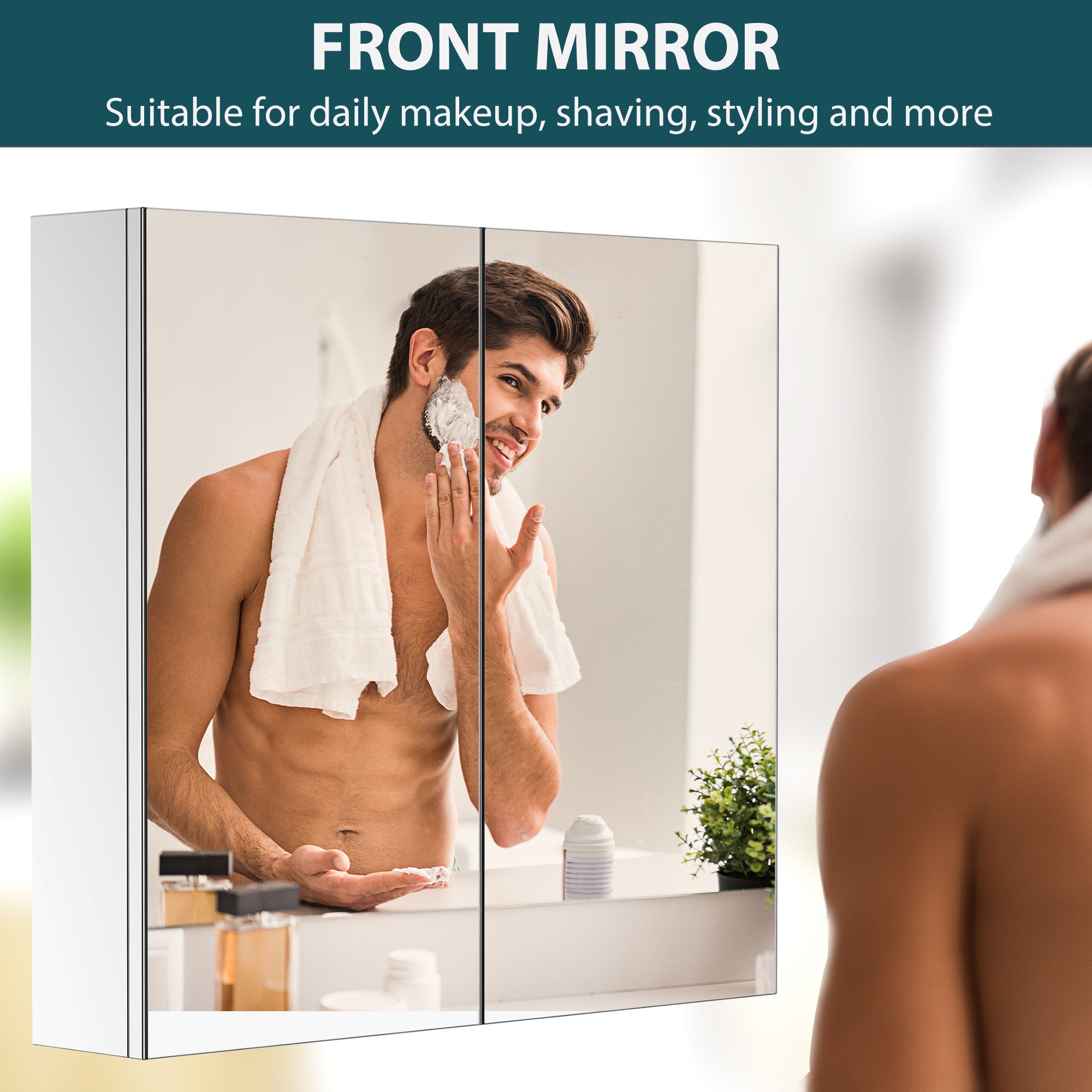 kleankin Bathroom Mirror Cabinet, 24" x 22" Stainless Steel Medicine Cabinet, Wall-Mounted Bathroom Cabinet with Double Doors, Silver