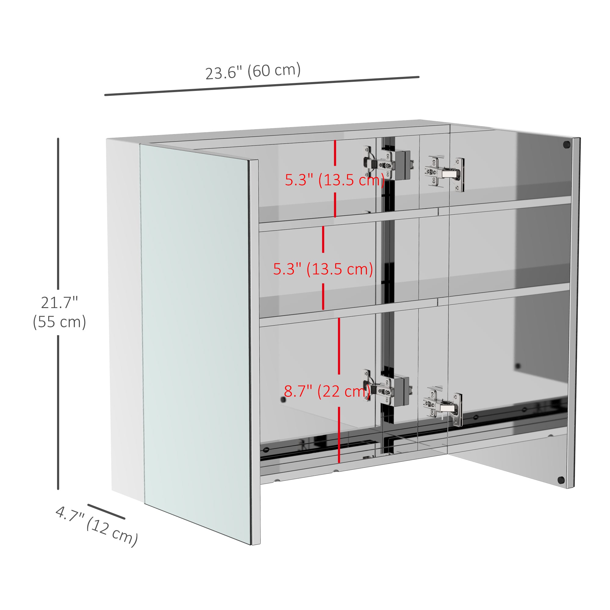 kleankin Bathroom Mirror Cabinet, 24" x 22" Stainless Steel Medicine Cabinet, Wall-Mounted Bathroom Cabinet with Double Doors, Silver