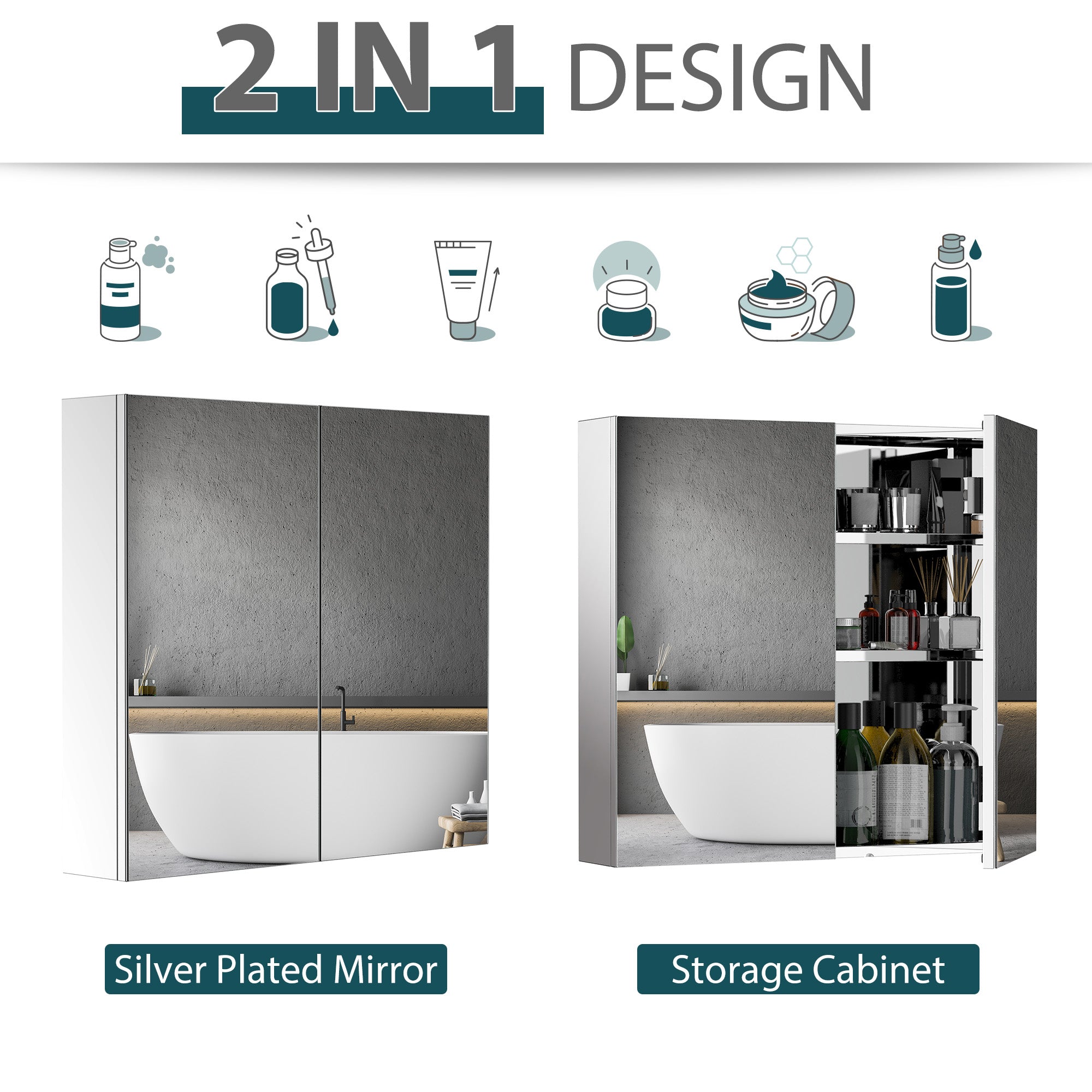 kleankin Bathroom Mirror Cabinet, 24" x 22" Stainless Steel Medicine Cabinet, Wall-Mounted Bathroom Cabinet with Double Doors, Silver
