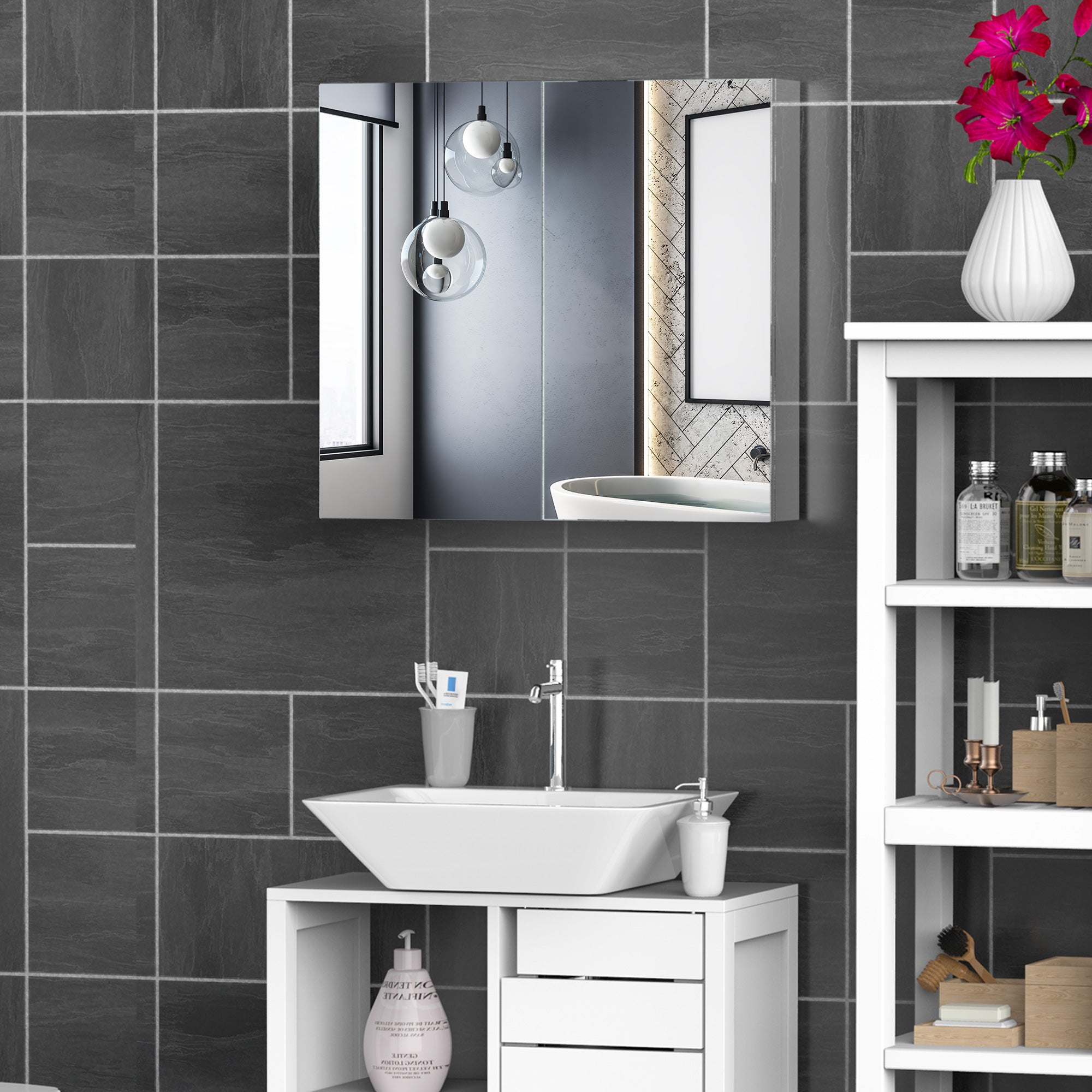 kleankin Bathroom Mirror Cabinet, 24" x 22" Stainless Steel Medicine Cabinet, Wall-Mounted Bathroom Cabinet with Double Doors, Silver