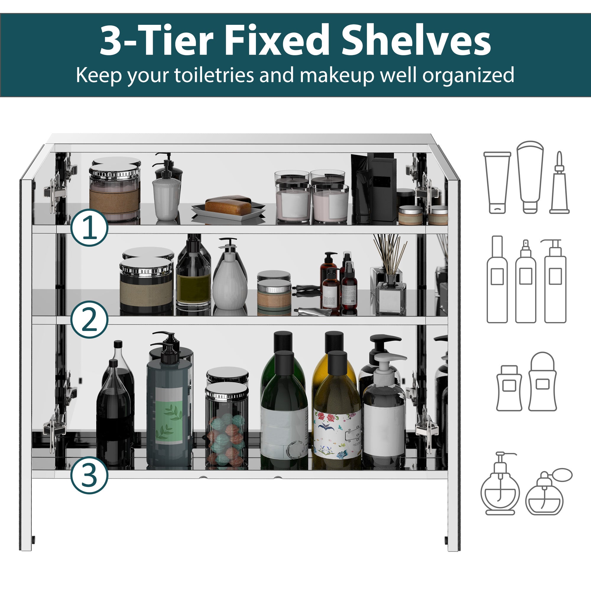 kleankin Bathroom Mirror Cabinet, 24" x 22" Stainless Steel Medicine Cabinet, Wall-Mounted Bathroom Cabinet with Double Doors, Silver