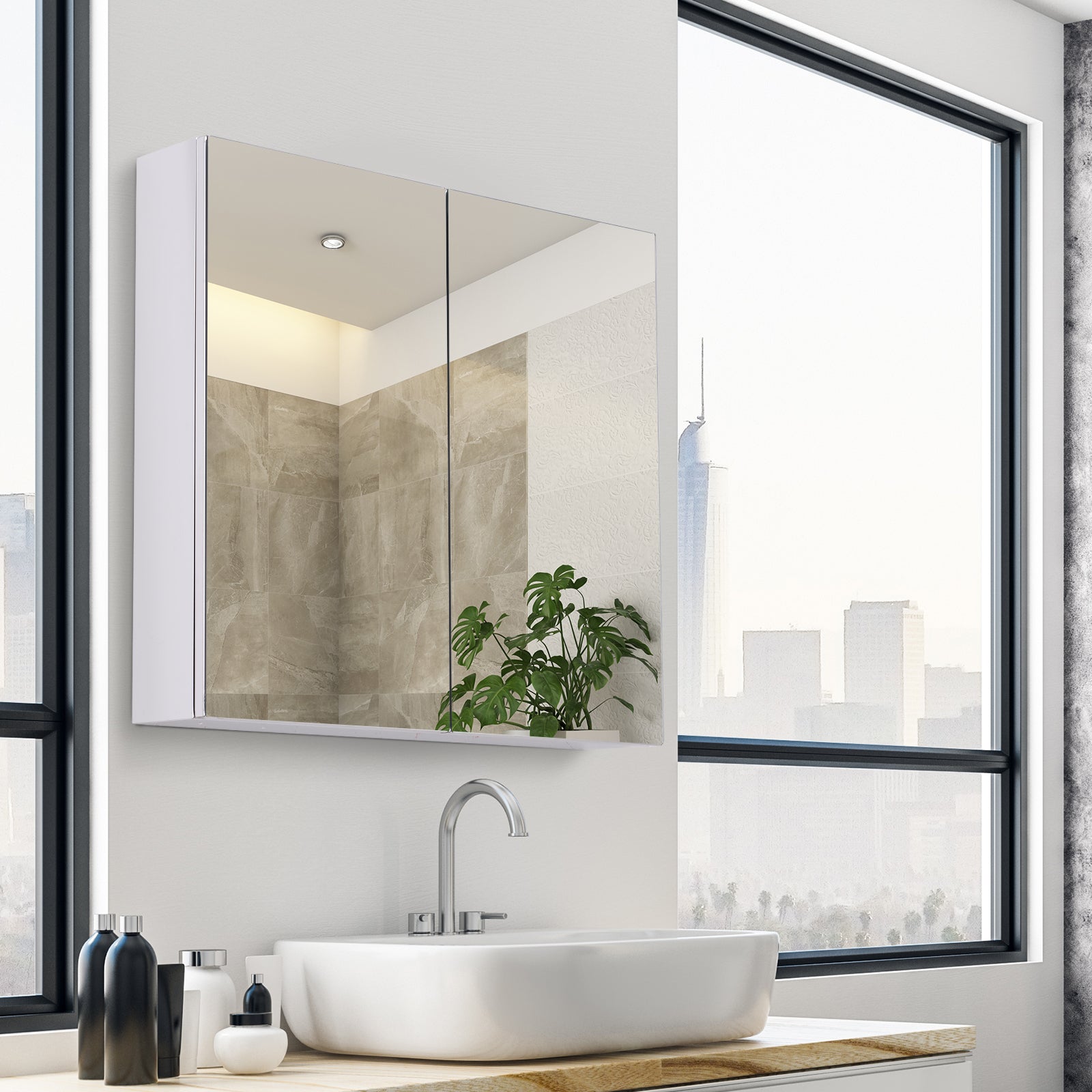 kleankin Bathroom Mirror Cabinet, 24" x 22" Stainless Steel Medicine Cabinet, Wall-Mounted Bathroom Cabinet with Double Doors, Silver