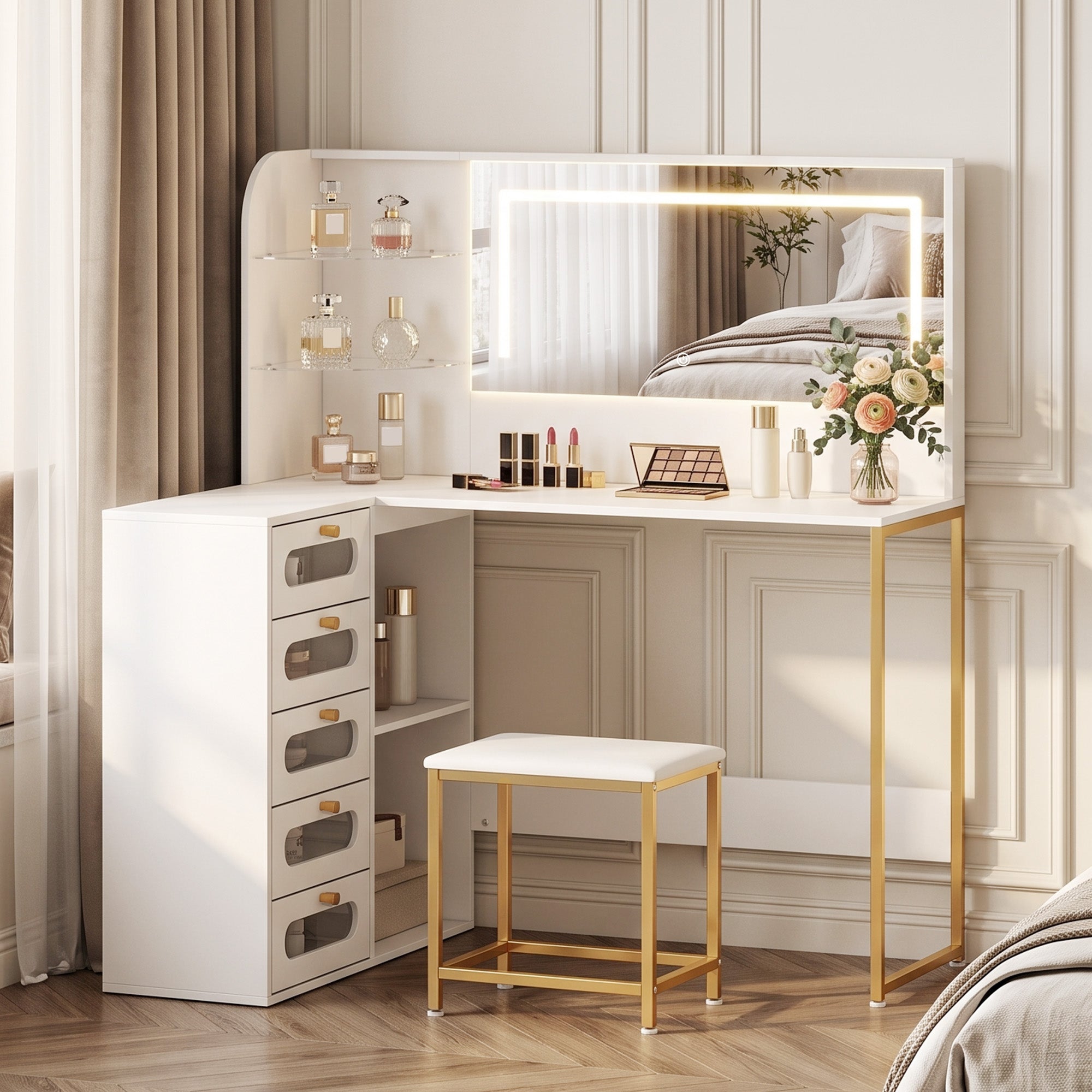 Dressing Table with Adjustable LED Mirror and Padded Stool, Corner L-Shaped Vanity Desk with 5 Drawers, 2 Open Shelves, 2 Glass Shelves, Modern Makeup Table for Bedroom, 120x80x135 cm, White