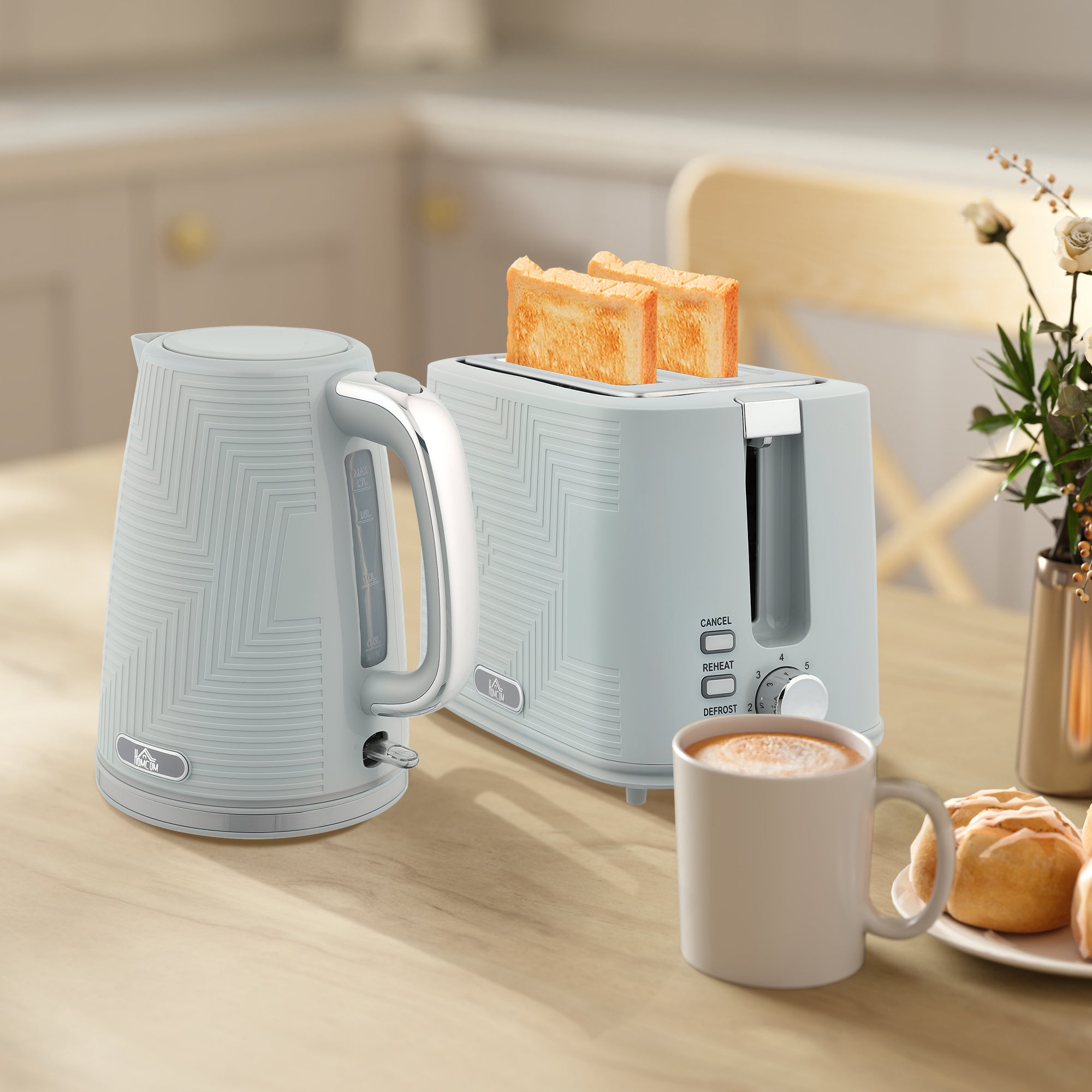 Kettle and Toaster Set, 1.7L 3000W Rapid Boil Jug Kettle with Otter Thermostat, Limescale Filter, 2 Slice Toaster with 7 Browning Controls, Crumb Tray, Grey