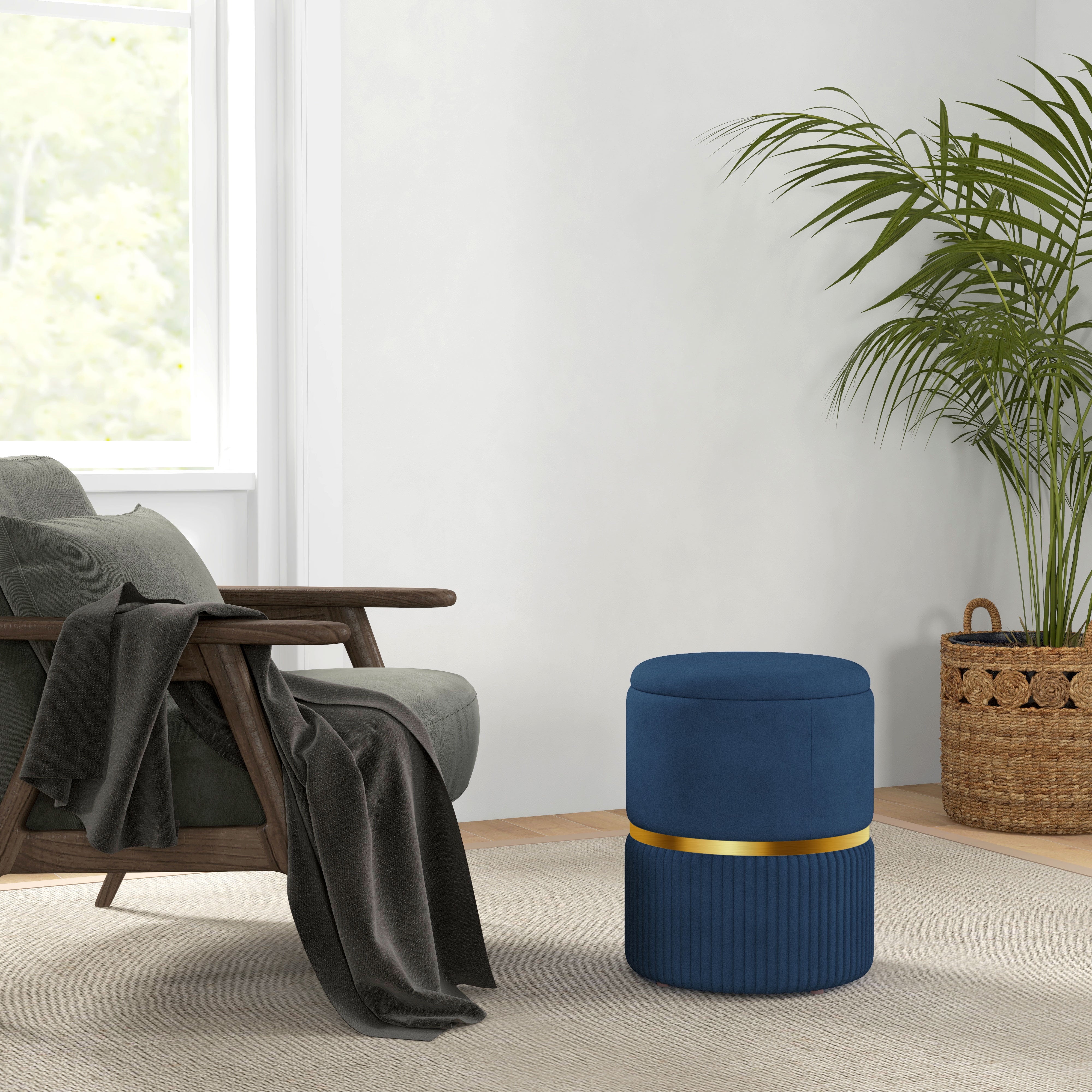 HOMCOM Round Pouffe, Velvet-feel Fabric Upholstered Storage Foot Stool with Removable Top, Padded Seat and Hidden Space for Living Room, Dark Blue