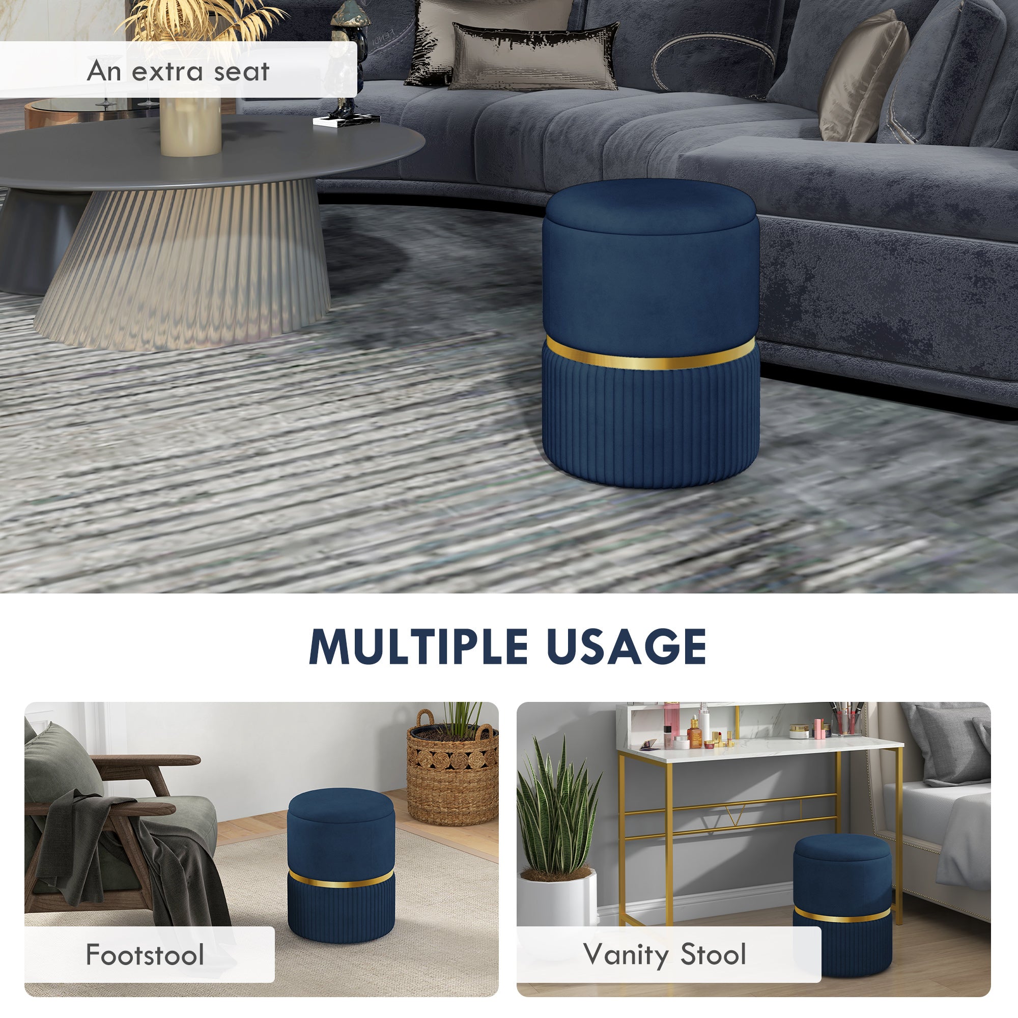HOMCOM Round Pouffe, Velvet-feel Fabric Upholstered Storage Foot Stool with Removable Top, Padded Seat and Hidden Space for Living Room, Dark Blue