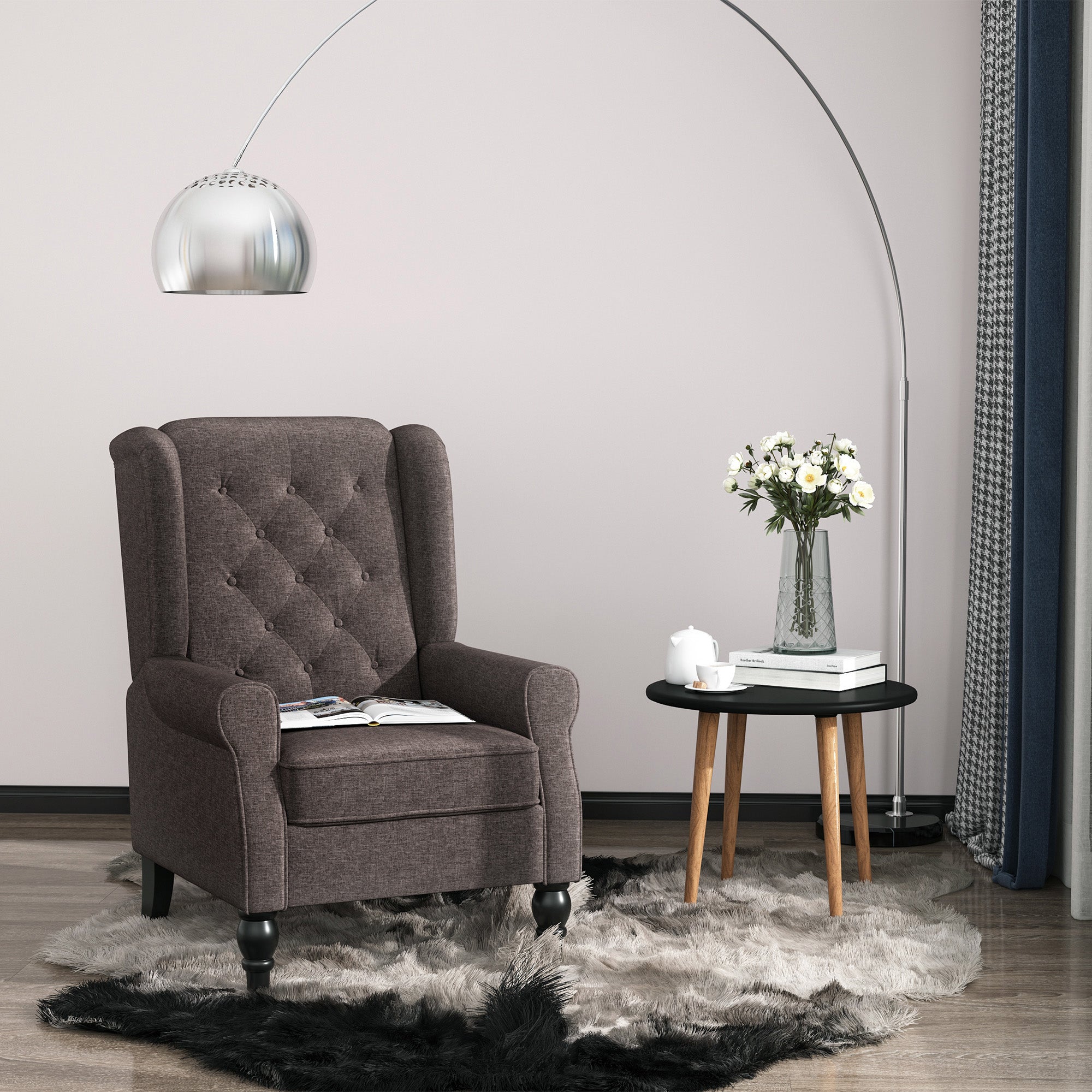 Mid-CenturyAccent Chair w/ High Wingback, Button-Tufted Fabric & Retro Wood Legs, Dark Brown - HOMCOM