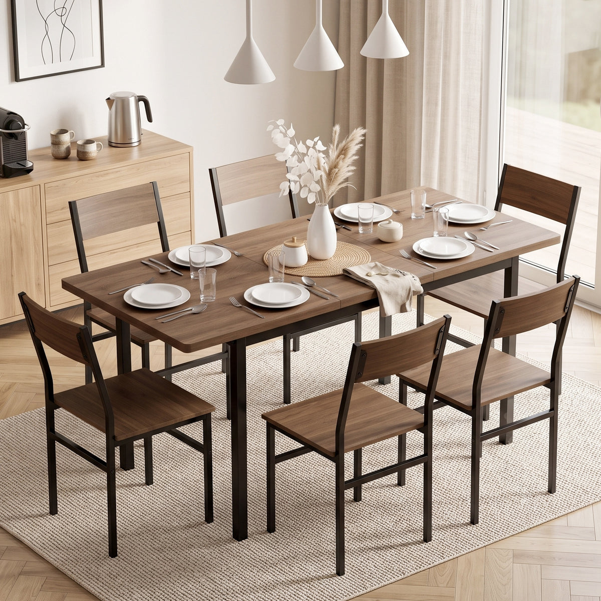 7-Piece Industrial Dining Table Set for 4-6, 47"-63" Extendable Kitchen Table with 6 Stackable Chairs, Metal Frame, Space Saving, Dining Room, Home Office, Brown Wood Grain