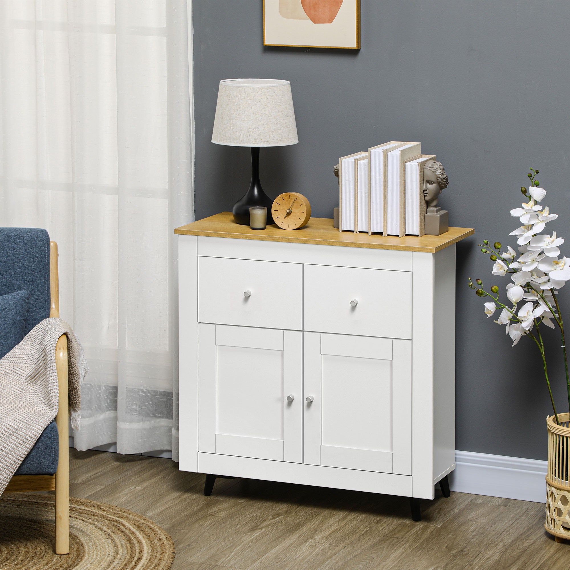 HOMCOM Sideboard Storage Cabinet, Modern Kitchen Cupboard with Double Doors and Drawers for Dining Room, Living Room and Entryway, White