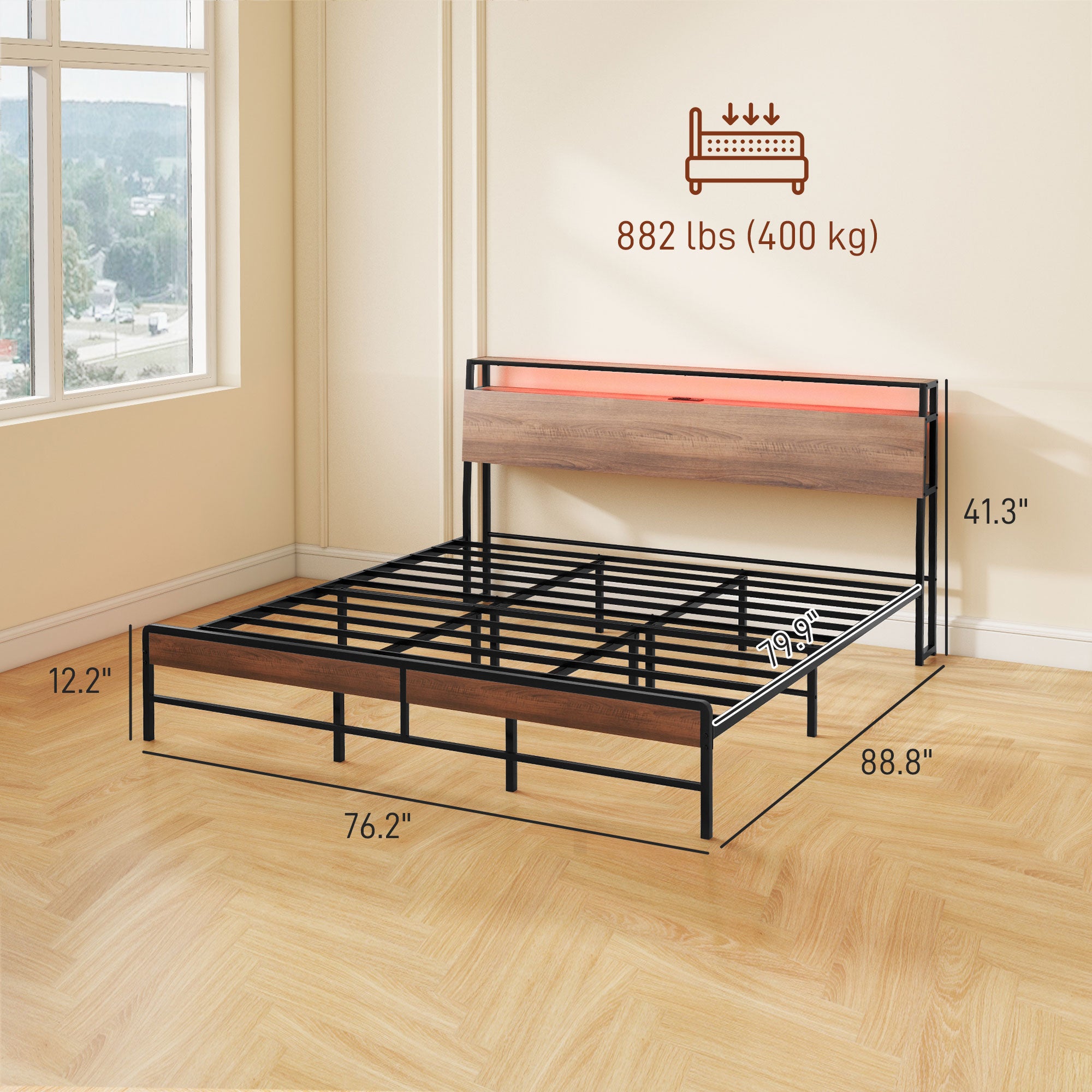 King Size Bed Frame w/ LED Lights,Charging Station & Storage Headboard, Noise Free, Walnut - HOMCOM