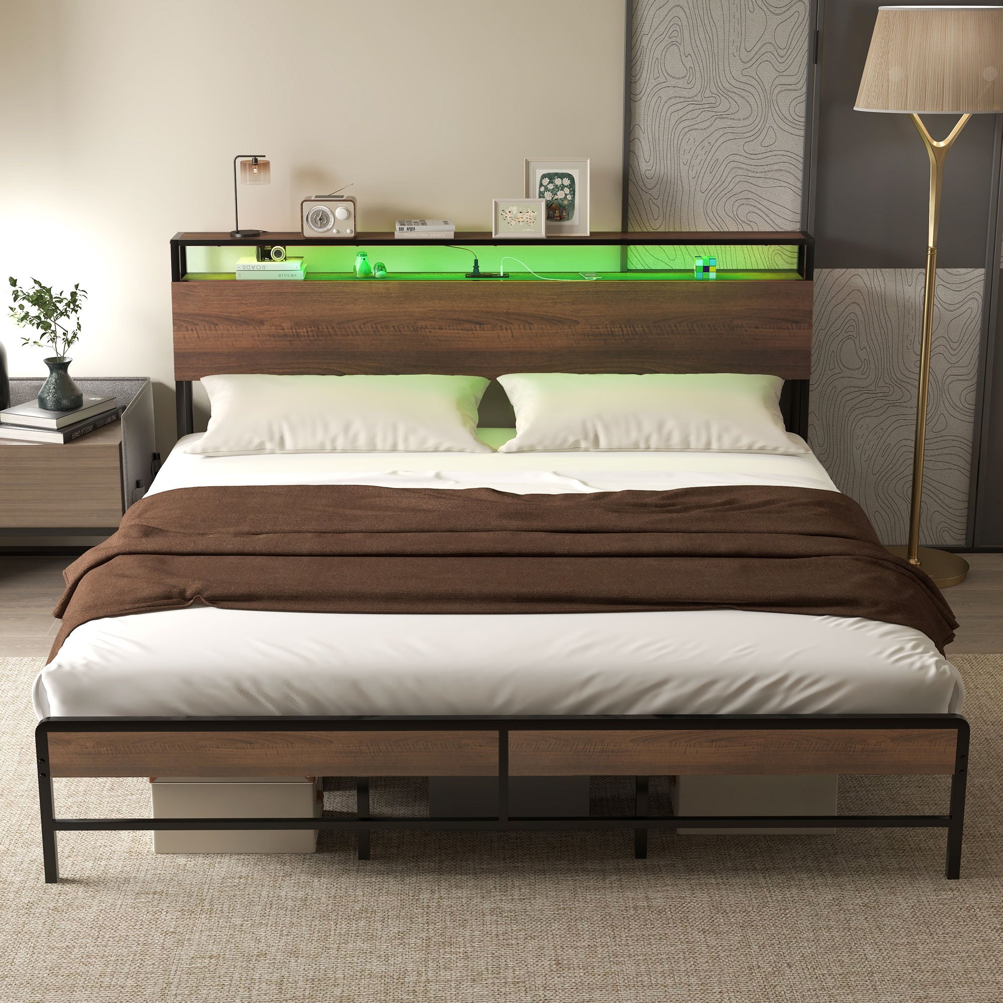 King Size Bed Frame w/ LED Lights,Charging Station & Storage Headboard, Noise Free, Walnut - HOMCOM