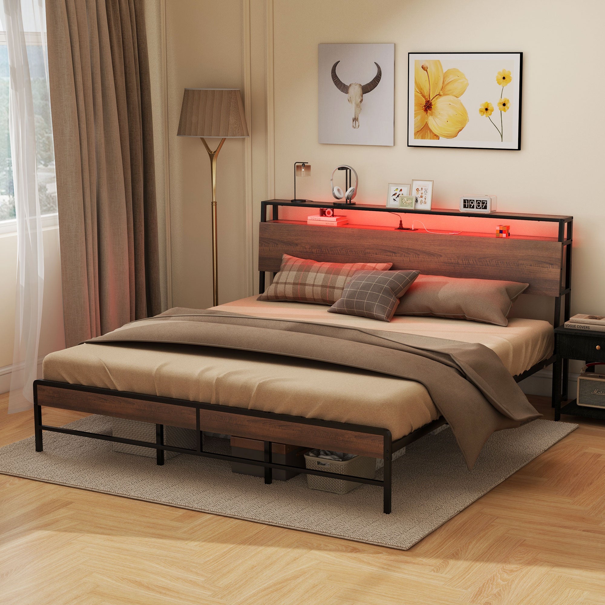 King Size Bed Frame w/ LED Lights,Charging Station & Storage Headboard, Noise Free, Walnut - HOMCOM