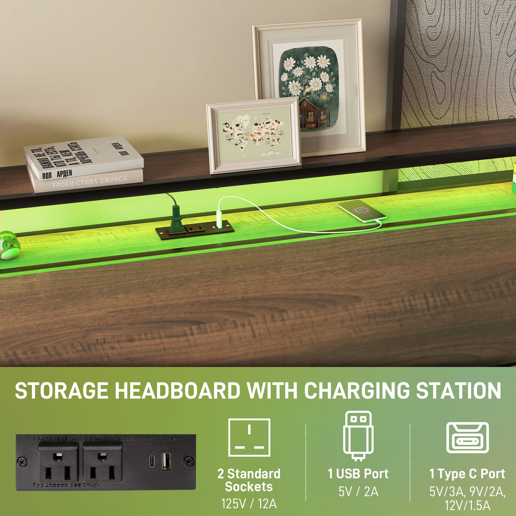 King Size Bed Frame w/ LED Lights,Charging Station & Storage Headboard, Noise Free, Walnut - HOMCOM