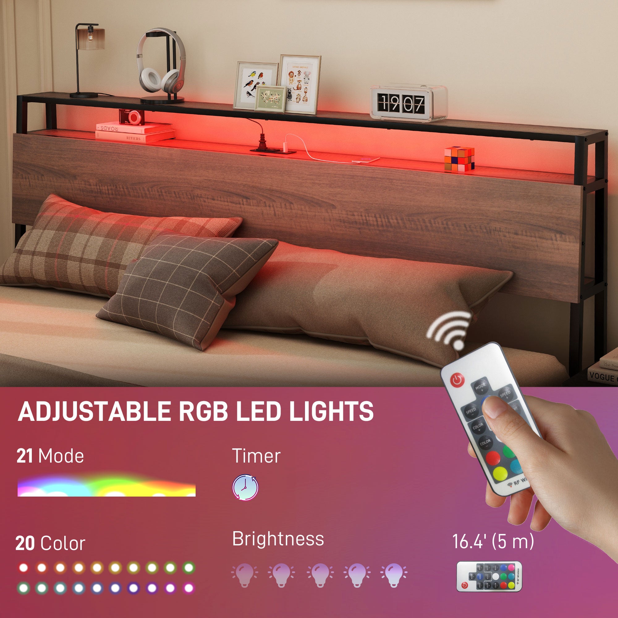 King Size Bed Frame w/ LED Lights,Charging Station & Storage Headboard, Noise Free, Walnut - HOMCOM